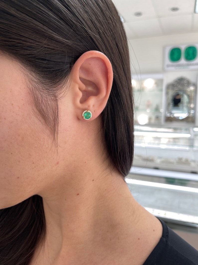 2.32tcw 14K Gold 8.5mm Round Emerald & Diamond Halo Stud Earrings for Women - Elegant Green Gemstone Jewelry Gift for Birthday, Anniversary & Special Occasions