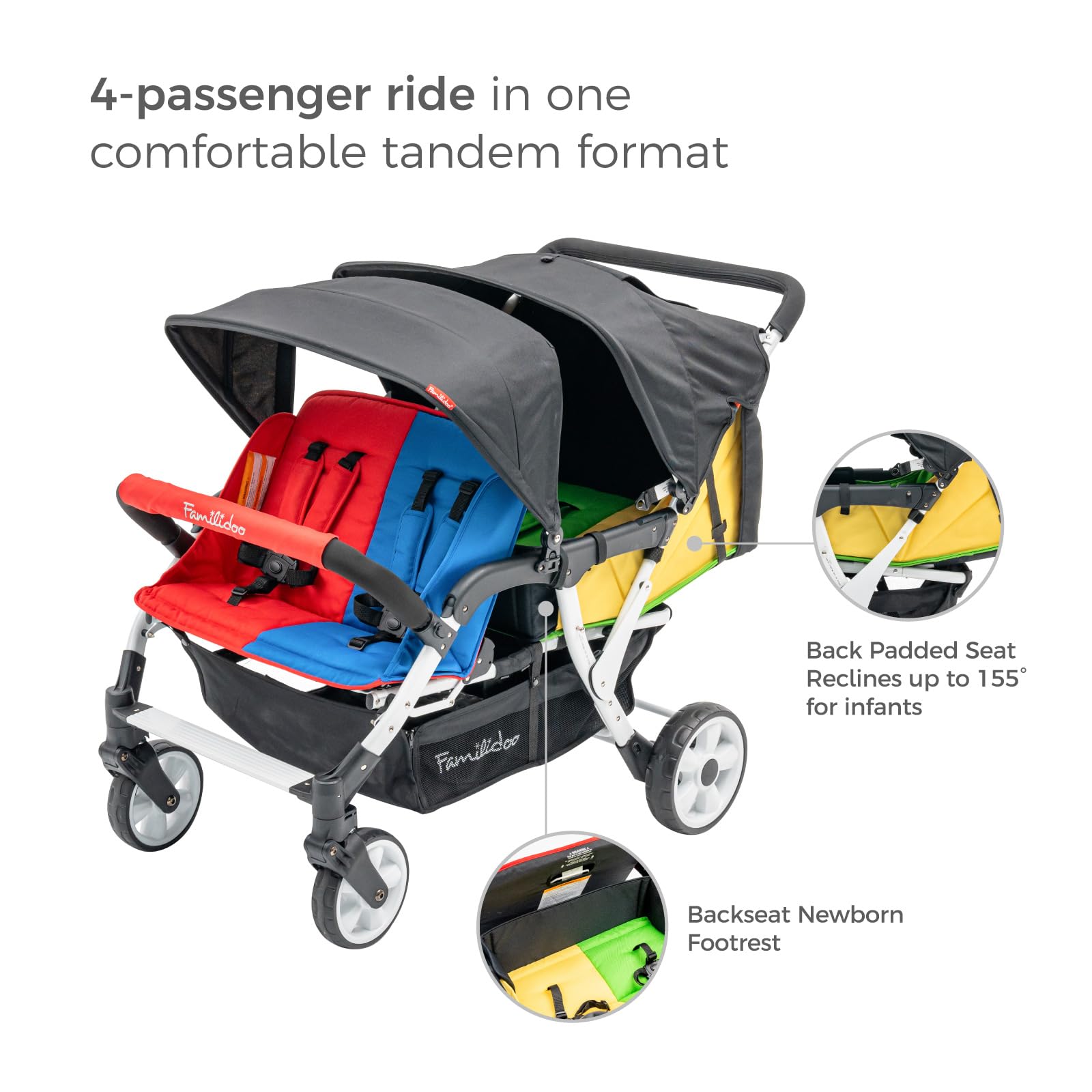 Familidoo H4E 4-Seater Quad Stroller with Double Canopy & Rain Cover - All Reclining Seats with 5-Point Safety Harness - Backseat Footrest Extension for Infants 0-36 Months - Perfect for Large Families, Twins, or Daycare Use