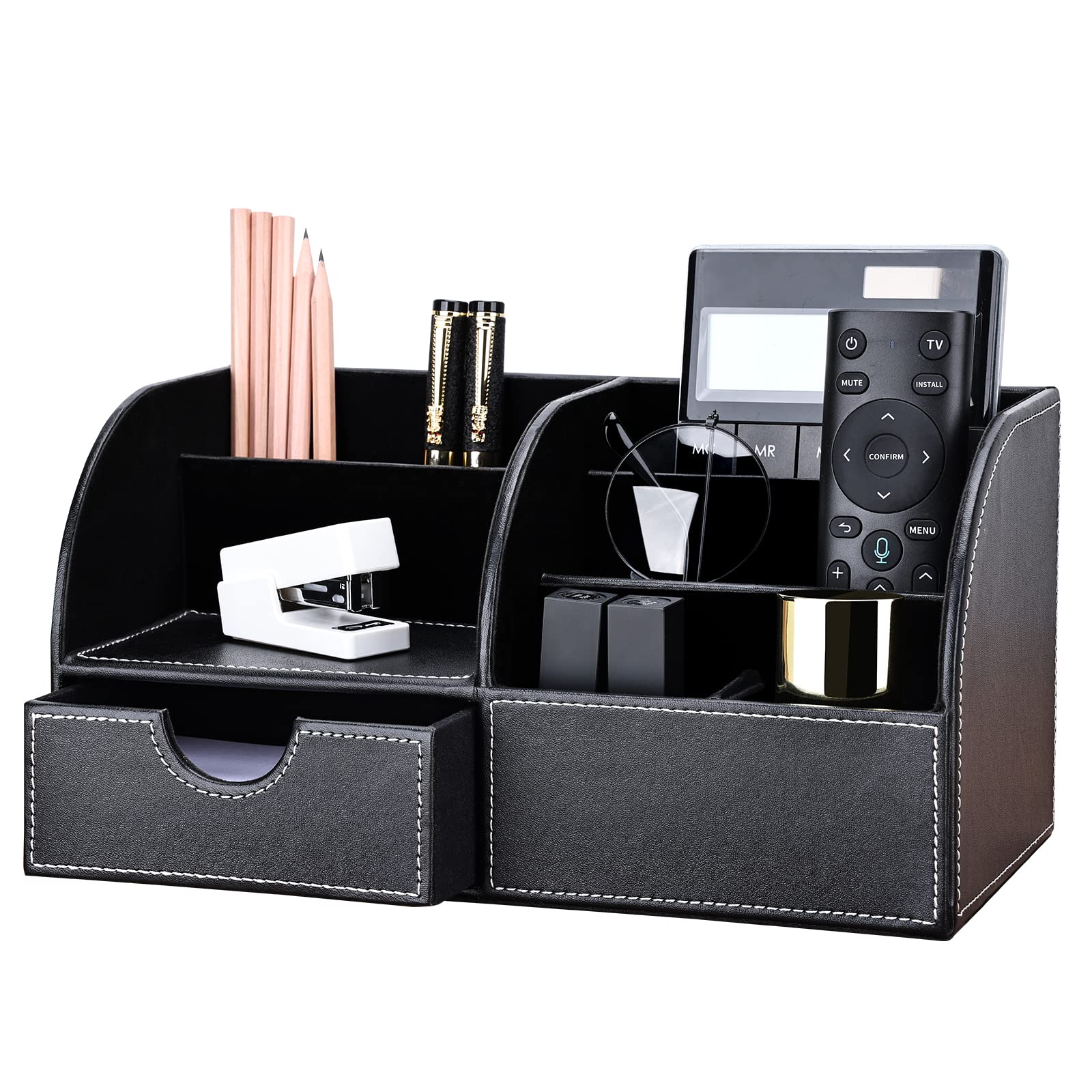 KINGFOM PU Leather Desk Organizer - 6 Compartment Pen Pencil Holder with Drawer, Office Supplies Storage Box for Home & Office (Black) - Perfect for Desk Organization, School Supplies & Workspace Accessories