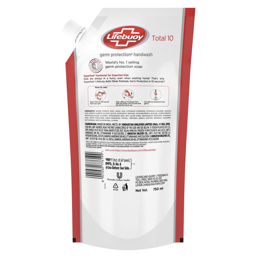 Lifebuoy Total 10 Antibacterial Hand Wash Liquid Refill Pouch - 750ml | Kills 99.9% Germs | For Home, Office & Travel Use