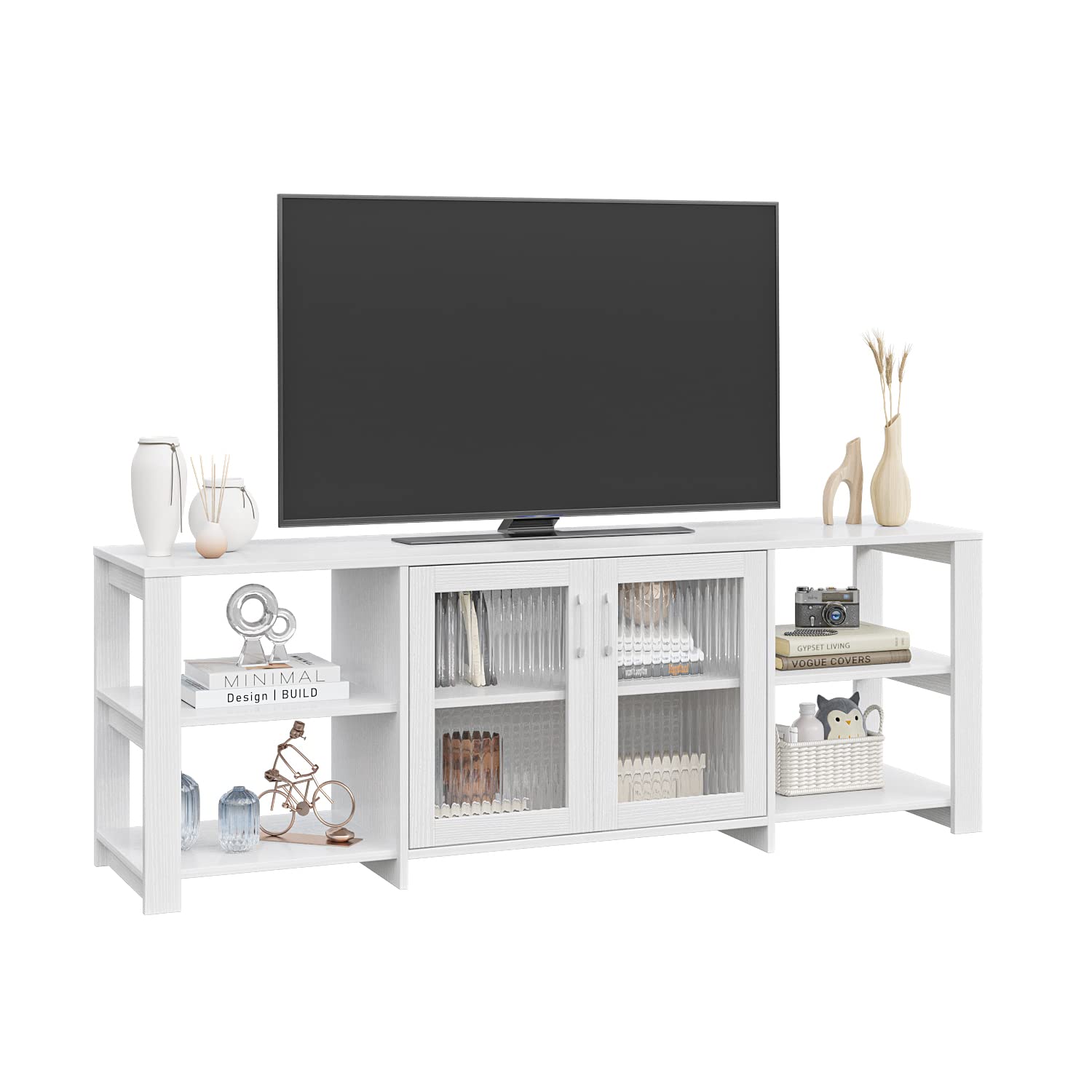 Panana 70 Inch TV Stand with 2 Doors & 4 Storage Cubby - Modern Entertainment Center TV Console for Living Room & Bedroom - Perfect for Organizing Media Devices & Home Decor (White) - Ideal for Small Spaces & Apartment Living
