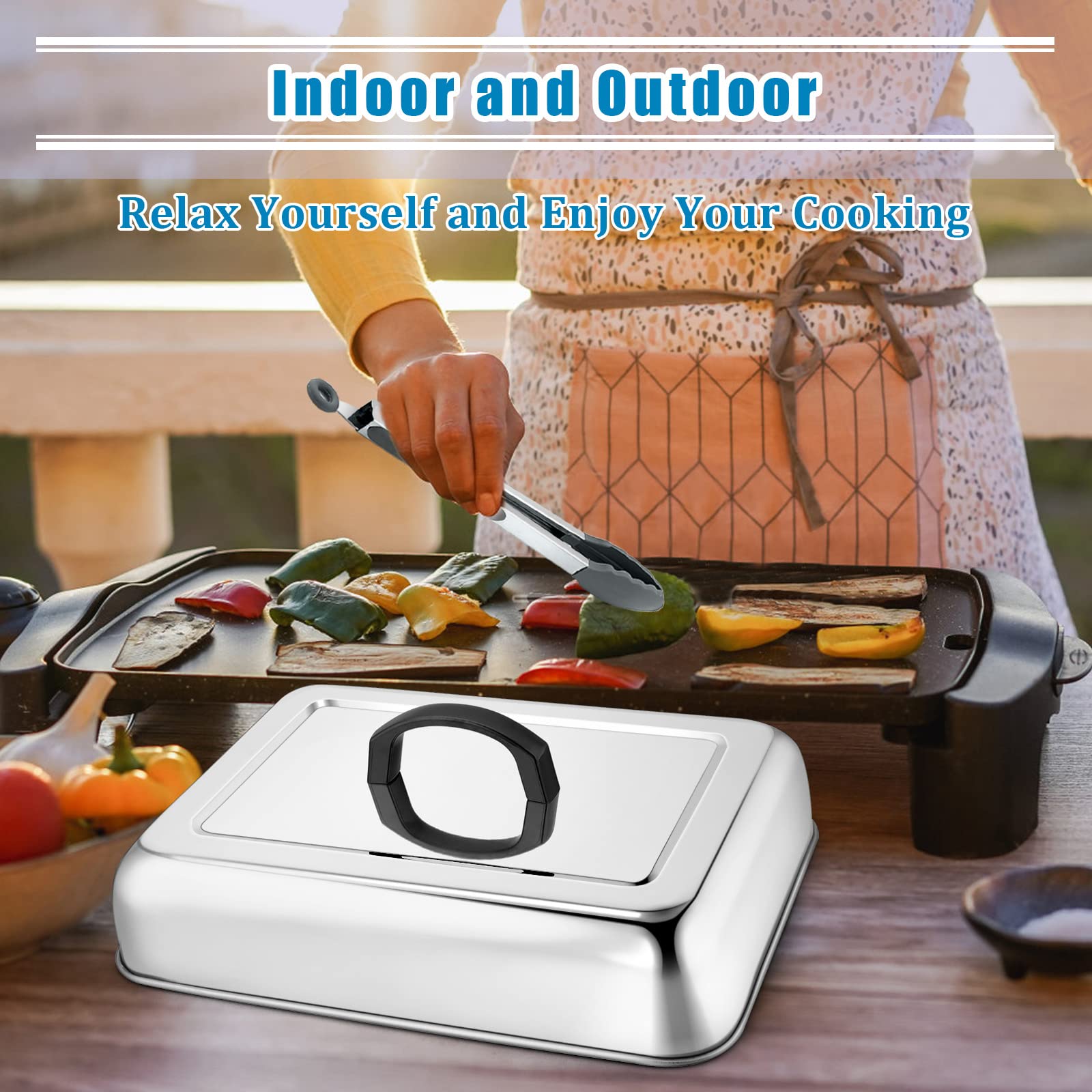 2PCS Stainless Steel Rectangular Basting Cover - Heavy Duty Cheese Melting Dome & Steaming Lid for Griddle Grill - Perfect for Flat Top BBQ, Kitchen & Outdoor Cooking - Dishwasher Safe - Ideal for Melting Cheese, Steaming Veggies & Keeping Food Warm