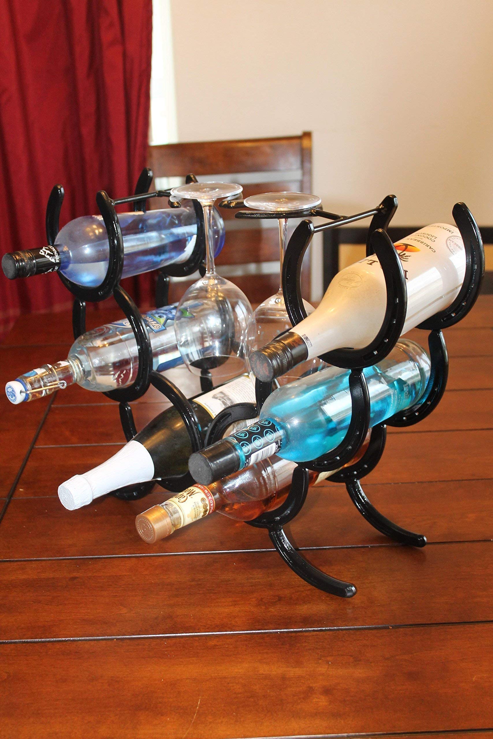 Sturdy Horseshoe Wine Rack - Holds 6 Wine Bottles & 2 Glasses - Perfect for Kitchen, Bar, or Dining Room Decor