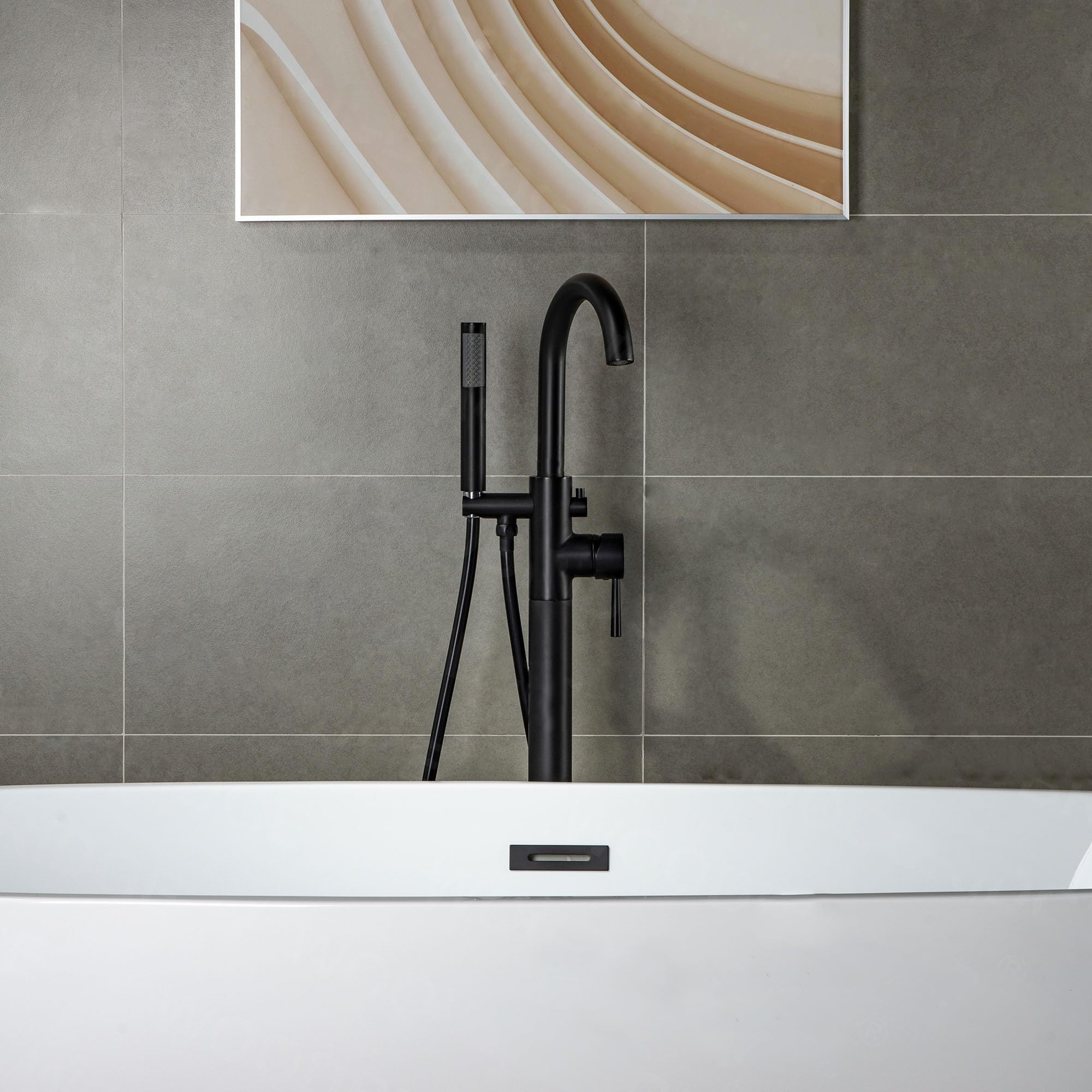 WOODBRIDGE F0006BL Matte Black Freestanding Tub Filler Faucet with Hand Shower - Contemporary Single Handle Floor Mount Bathtub Faucet for Modern Bathroom & Spa Relaxation