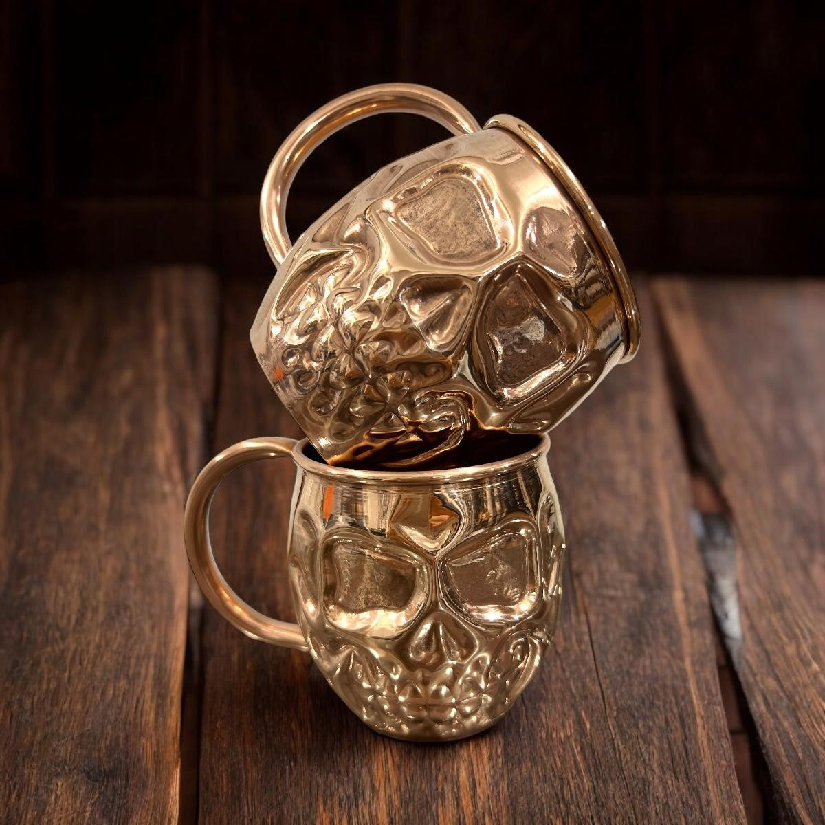 Set of 2 Copper Skull Mugs - Day of the Dead Themed with Plain & Shiny Finish - Perfect for Halloween Decor, Gothic Home Barware & Mexican Festival Celebrations