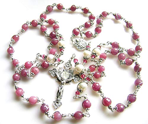 Handmade 925 Sterling Silver Ruby Beads Rosary Cross Catholic Necklace - Elegant Religious Jewelry Gift Box for Prayer, Worship & Special Occasions