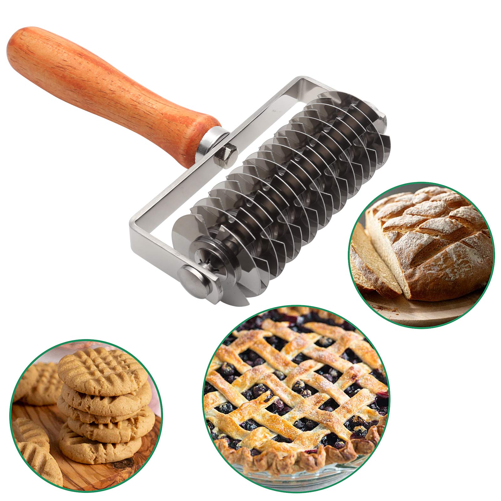 Stainless Steel Dough Lattice Cutter with Wooden Handle - Cookie Baking Tool, Bread Net Knife, Pastry Crust Roller for Homemade Pizza, Cake, and Bread - Perfect for Professional Bakers and Home Baking Enthusiasts