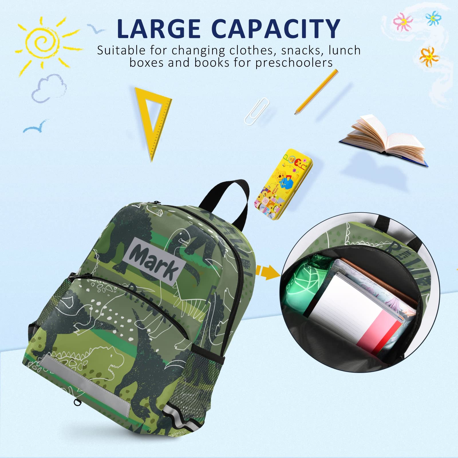 Custom Dinosaur Kids Backpack with Name - Personalized Toddler Backpack for Boys & Girls | Adjustable Chest Strap for School, Preschool & Daycare | Perfect for Daily Use, Travel & Outdoor Adventures