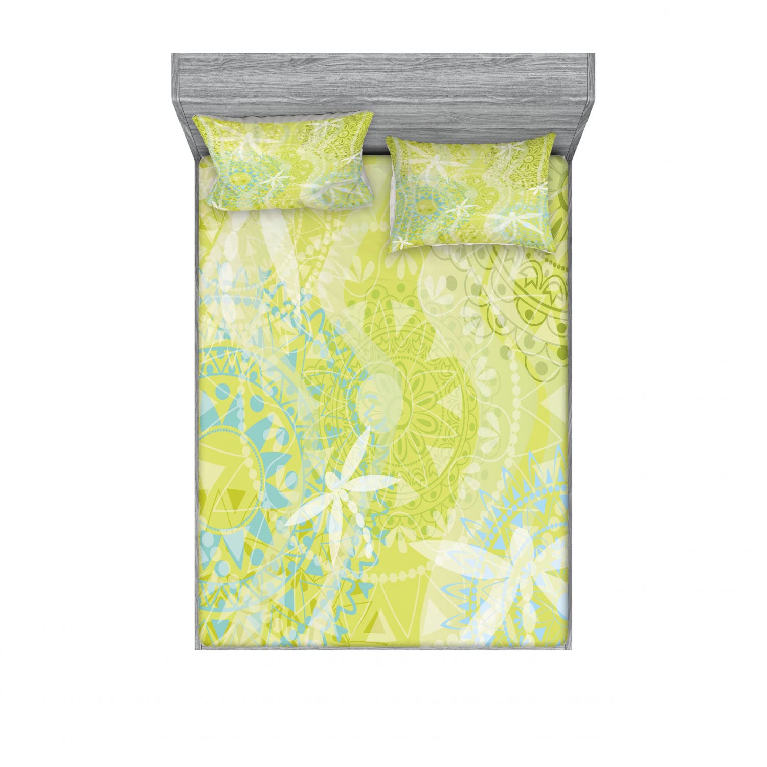 Ambesonne 2-Piece Dragonfly Mandala Bedding Set - Full Size Fitted Sheets & Pillow Shams (4-Pc Green White) for Bohemian Bedroom Decor & Guest Room Makeover