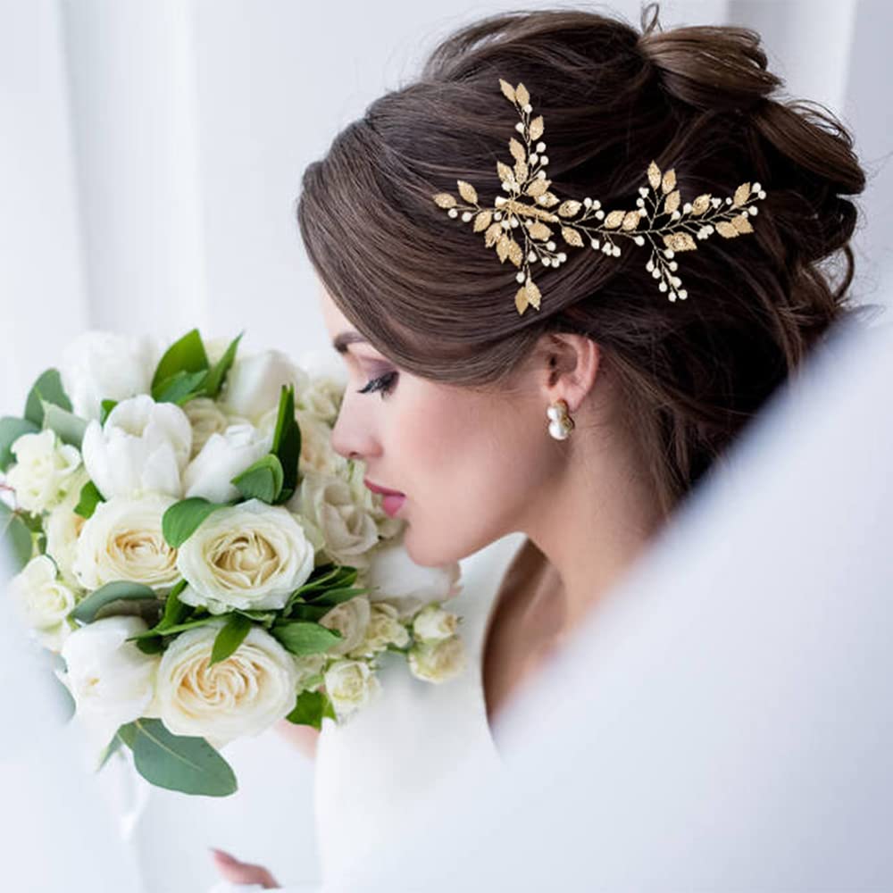 5 Pack Gold Pearl Leaf Hair Pins - Elegant Wedding Bridal Hair Clips & Barrettes for Women & Girls | Perfect for Brides, Bridesmaids, Prom, Formal Events & Updo Hairstyles