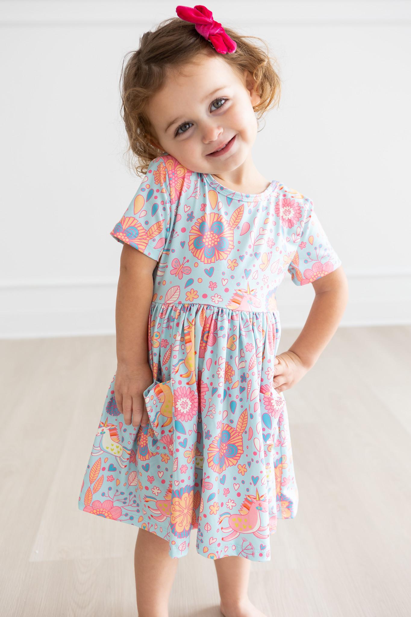 Blue Retro Unicorns Short Sleeve Pocket Twirl Dress for Girls - Perfect for Birthday Parties, Tea Time & Photo Shoots
