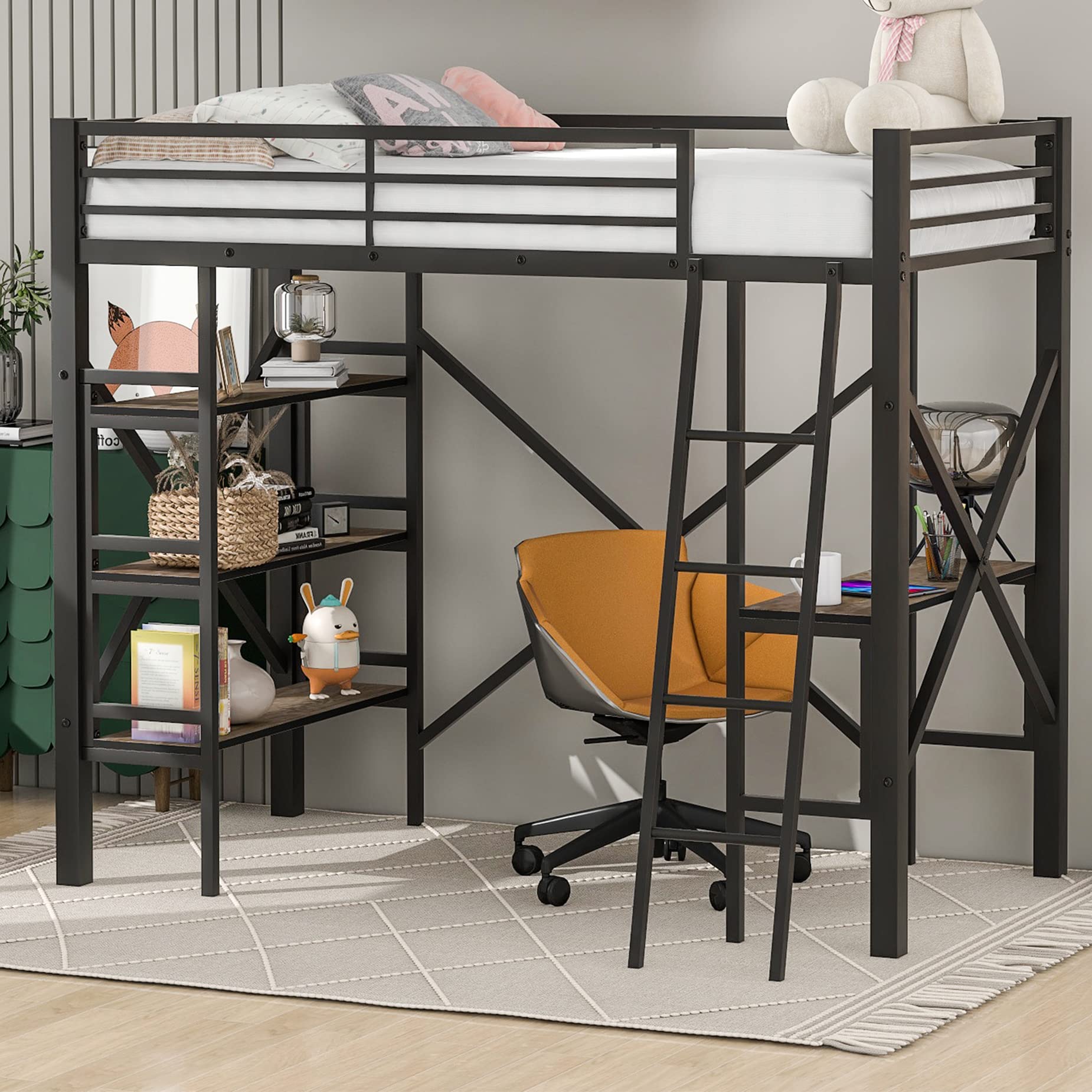 **Black Twin Loft Bed with Desk & Bookcase - Sturdy Metal Bunk Bed Frame for Kids, Includes Ladder & Safety Guard Rail - Perfect for Small Bedrooms, Dorms, or Shared Spaces**