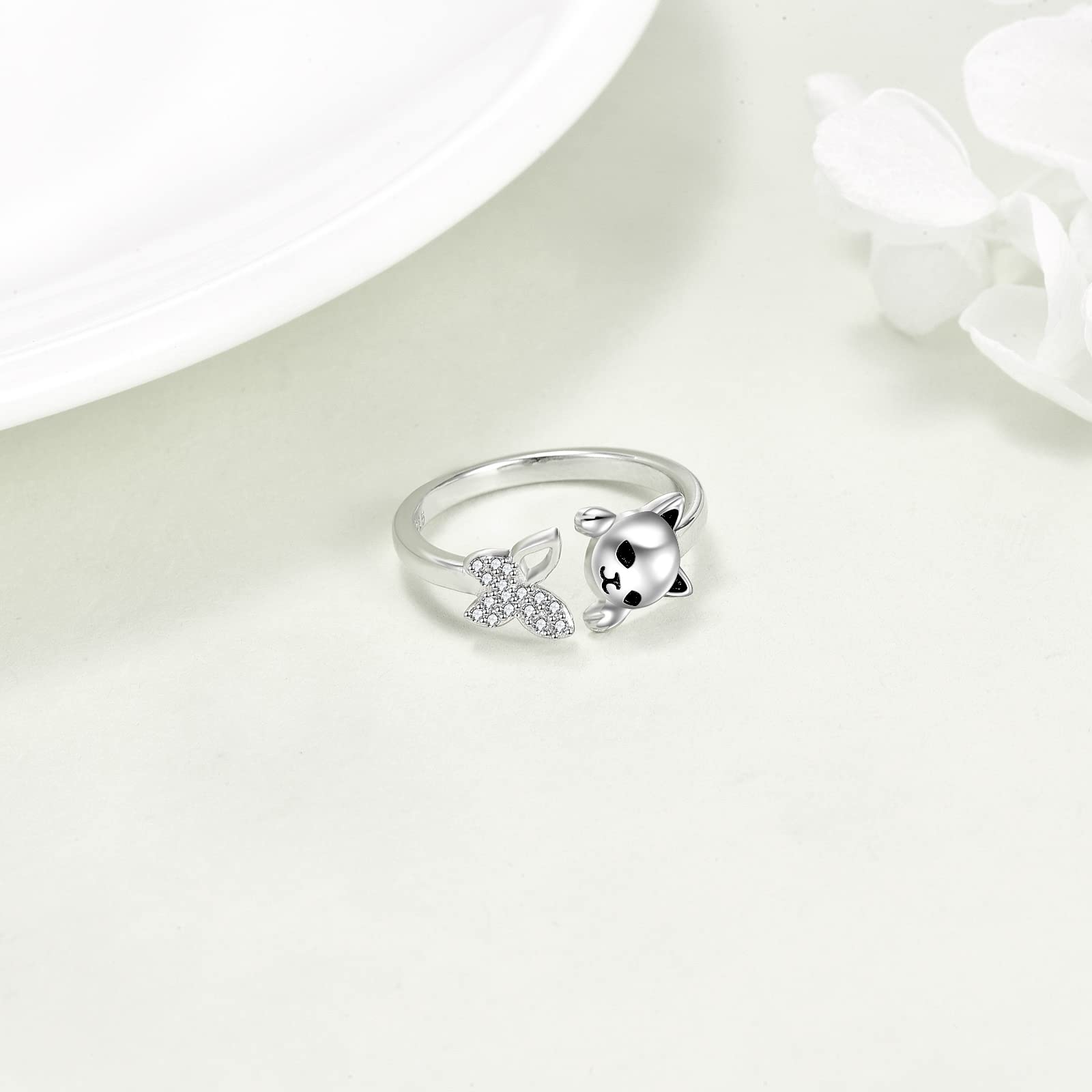 YAFEINI Sterling Silver Cat & Butterfly Open Ring - Elegant Jewelry Gift for Women Cat Lovers | Perfect for Birthday, Anniversary & Everyday Wear