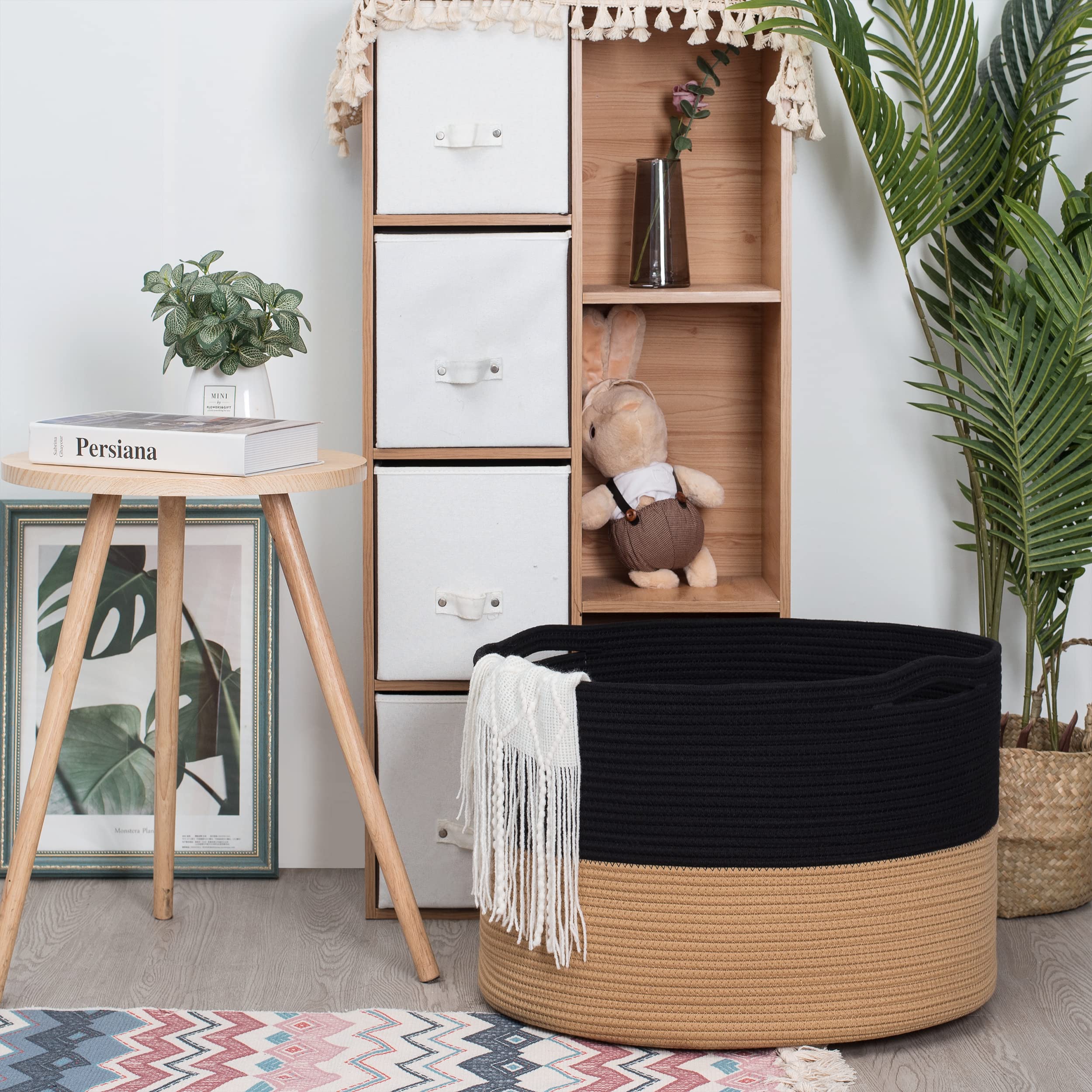 MINTWOOD Extra Large 22x14 Inch Woven Cotton Rope Storage Basket - Blanket Organizer, Laundry Hamper, Toy Bin for Living Room & Nursery - Black & Brown Home Decor (Perfect for Cozy Blanket Storage & Kids' Toy Organization)