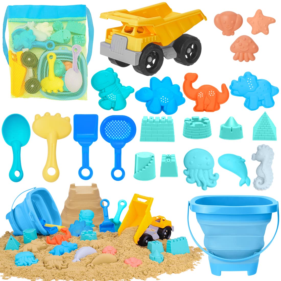 23Pcs Beach Sand Toys Set with Dump Truck, Collapsible Bucket, Shovel & Castle Molds - Outdoor Sandbox Play Kit for Kids with Dinosaur & Animal Shapes, Includes Mesh Storage Bag - Perfect for Beach Vacations, Backyard Sandpits & Summer Outdoor Activities