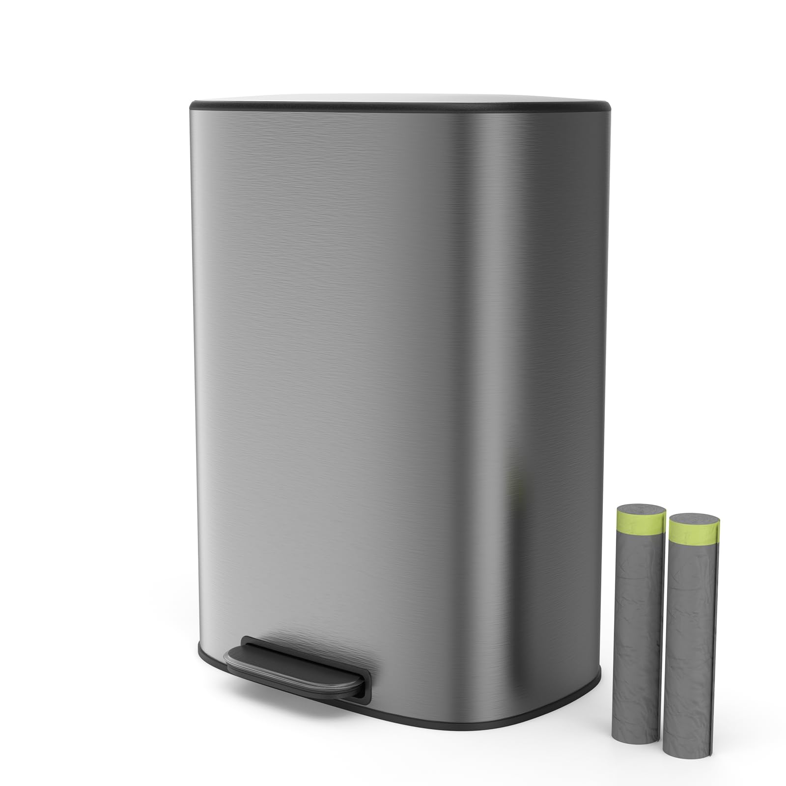 13 Gallon Stainless Steel Trash Can with Lid - Metal Foot Pedal, Quiet Soft Close, Includes 30 Garbage Bags - Perfect for Kitchen, Office, Living Room, Bathroom & Commercial Use