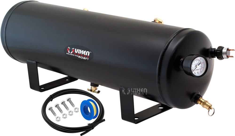 Vixen Horns 3 Gallon (12 Liter) 7 Ports Train/Air Horn Tank System Kit - 200 PSI with Gauge, Pressure Switch, Drain Valve, Safety Valve, Compression Fittings & Accessories - Perfect for Trucks, Boats & Emergency Vehicles