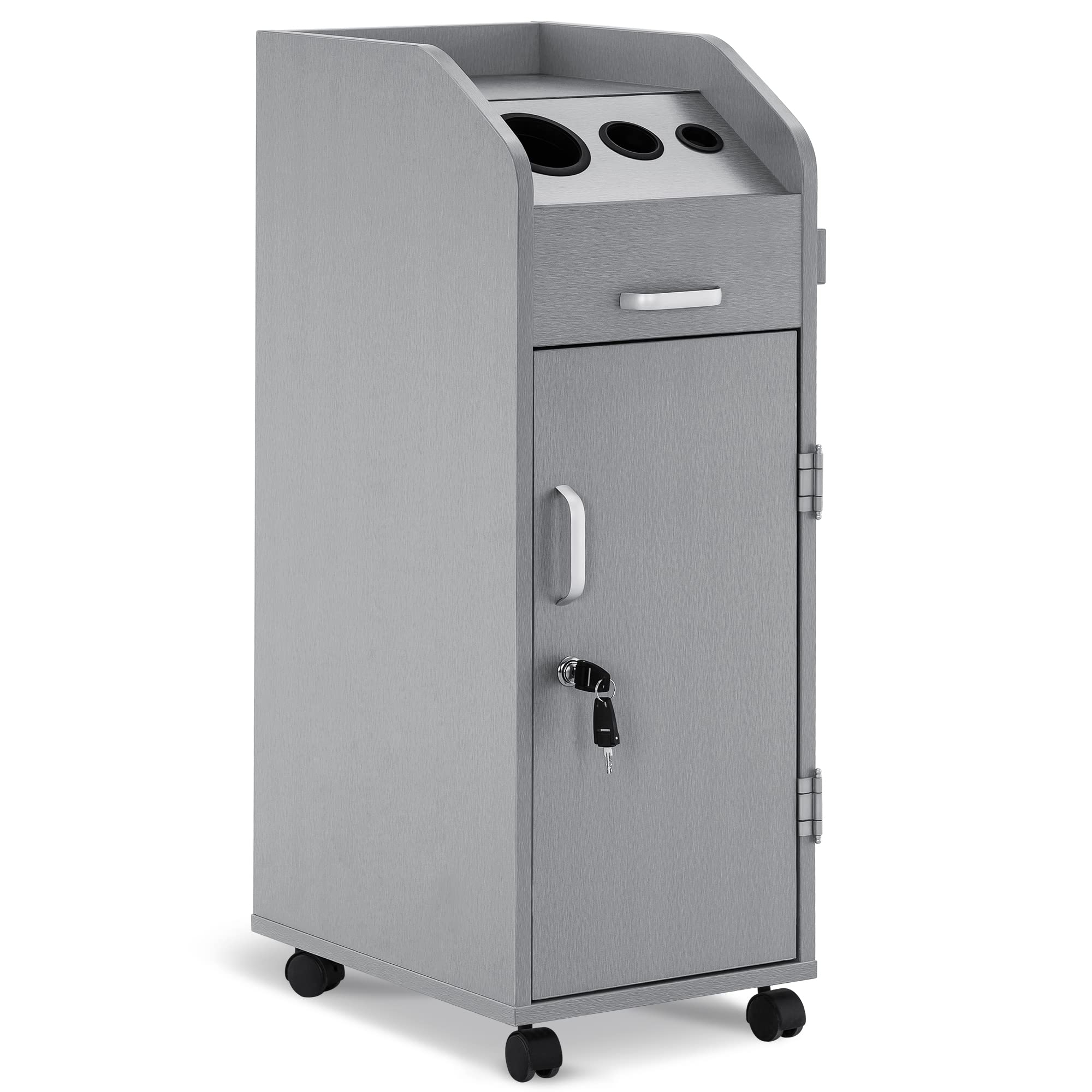 BarberPub Professional Salon Trolley Cart - Lockable Rolling Hair Stylist Tool Storage with Drawer & Hair Dryer Holder - Silver | Perfect for Salon Organization & Mobile Styling Equipment