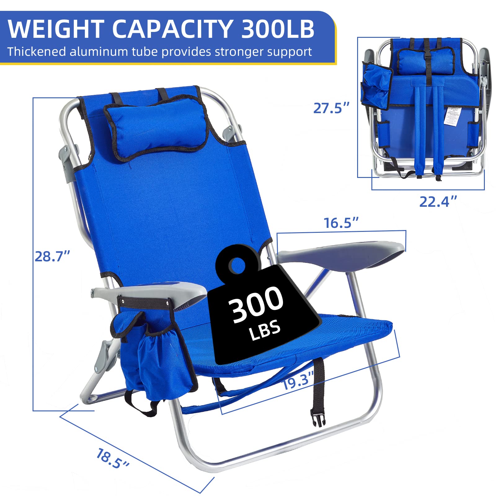 Portable Beach Chair for Adults - 4 Position Adjustable Backpack Folding Camping Chair with Shoulder Straps, Lightweight Outdoor Chair for Beach, Picnic, Fishing, Backyard & Travel (Blue)