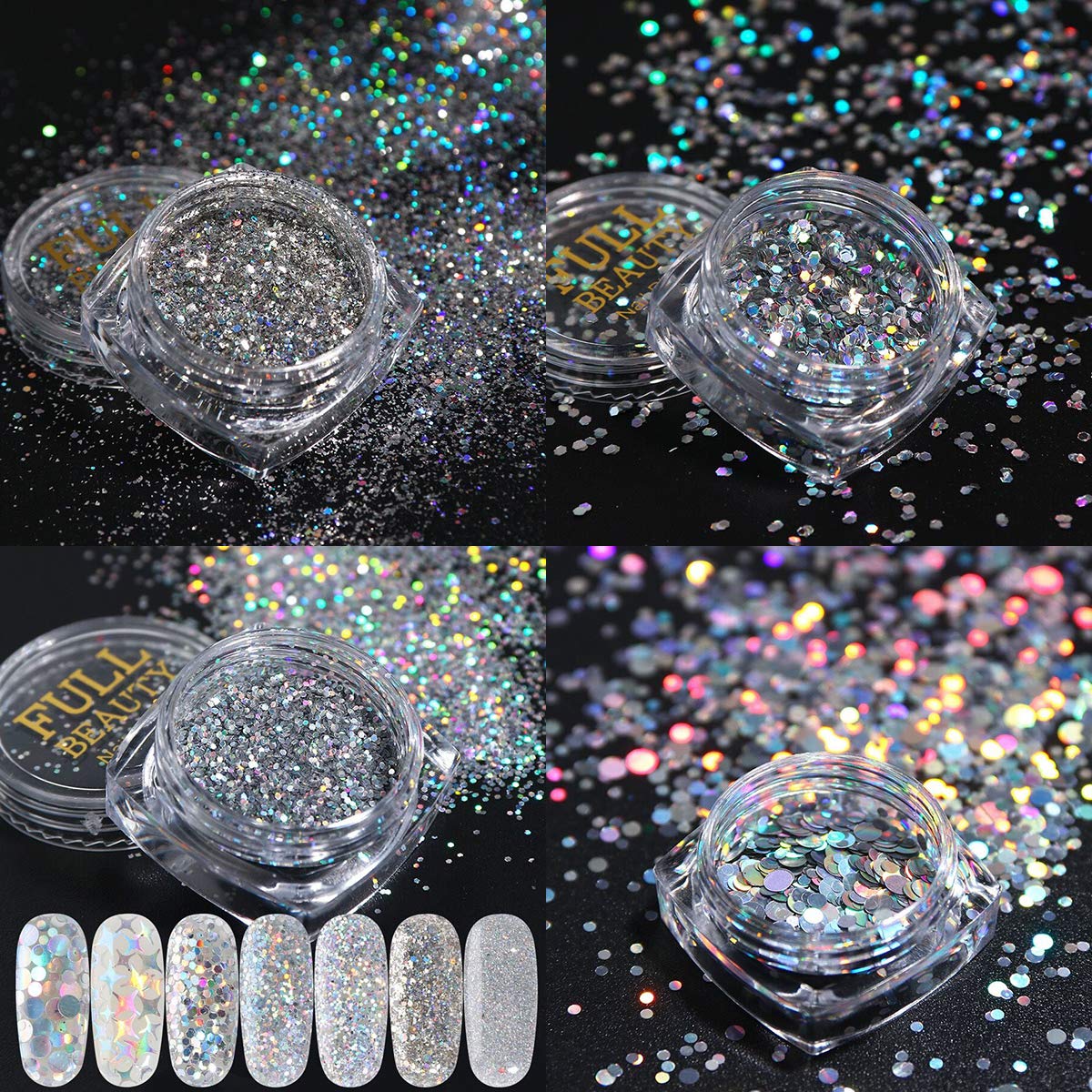 Holographic Nail Art Sequins Glitter Kit - 8 Boxes Metallic Shining Flakes for Nail Decoration | Silver & Rainbow Nail Glitter Powder Set | Perfect for Manicure, DIY Nail Art, and Professional Salon Use