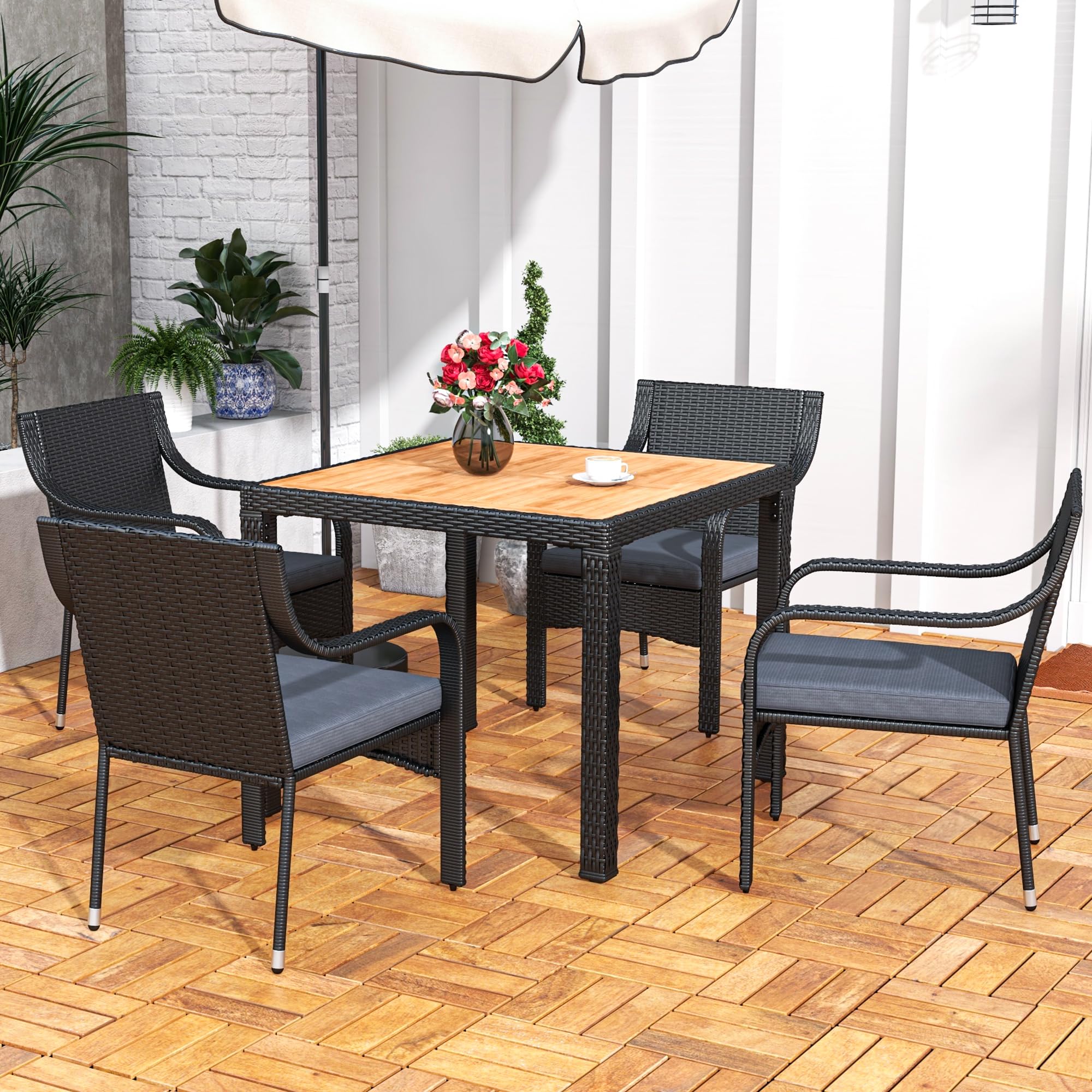 YITAHOME 5-Piece Patio Dining Set - Outdoor Wicker Furniture with Wooden Tabletop & Cushions - Square Garden Dining Set for Backyard, Lawn, Deck - Perfect for Outdoor Entertaining & Relaxation