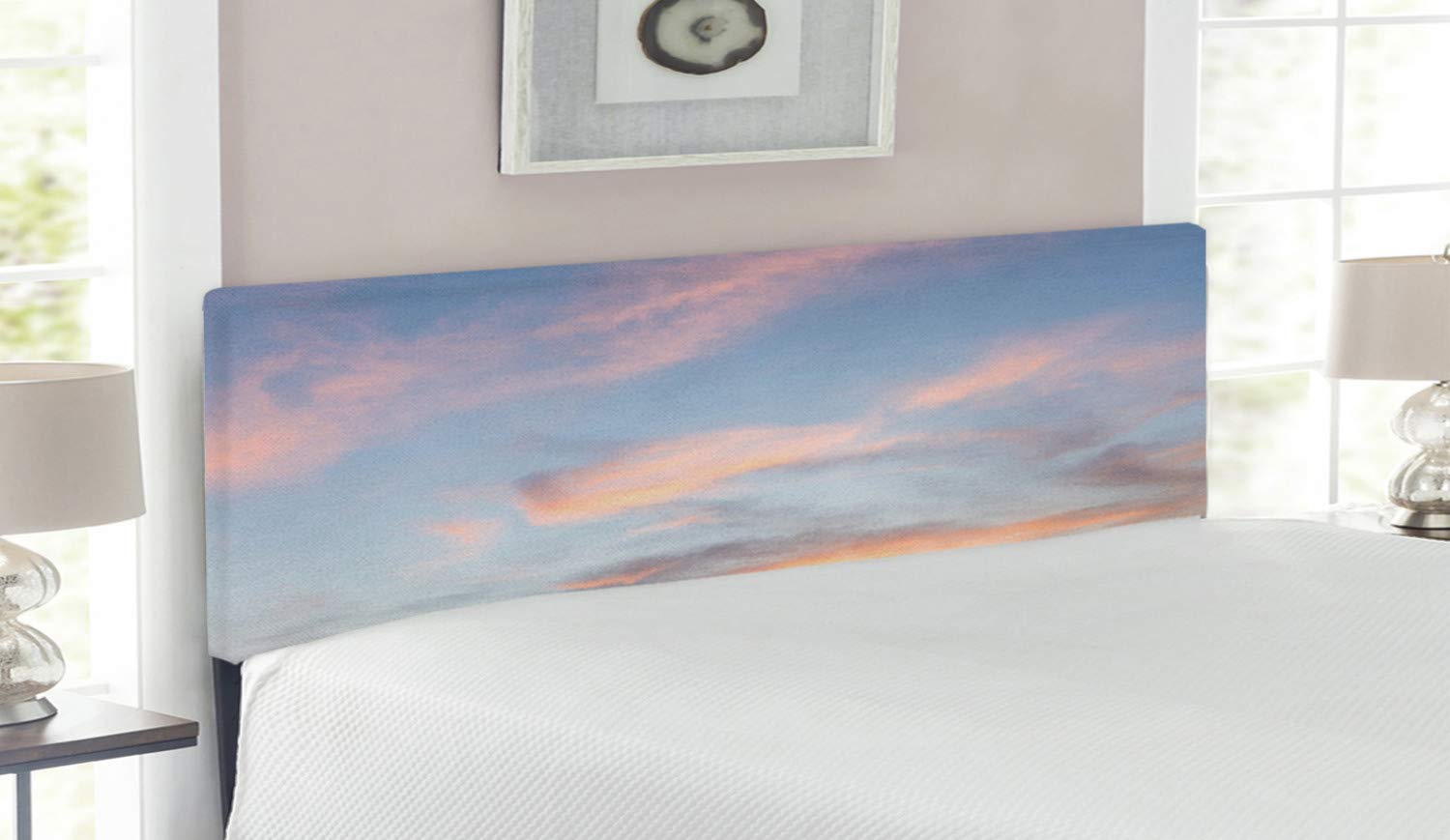 Ambesonne Sky Headboard - Queen Size Upholstered Decorative Metal Bed Headboard with Memory Foam | Sunset Cloud Photography Design in Pale Blue, Yellow & Peach | Perfect for Bedroom Decor, Guest Rooms & Cozy Master Suites
