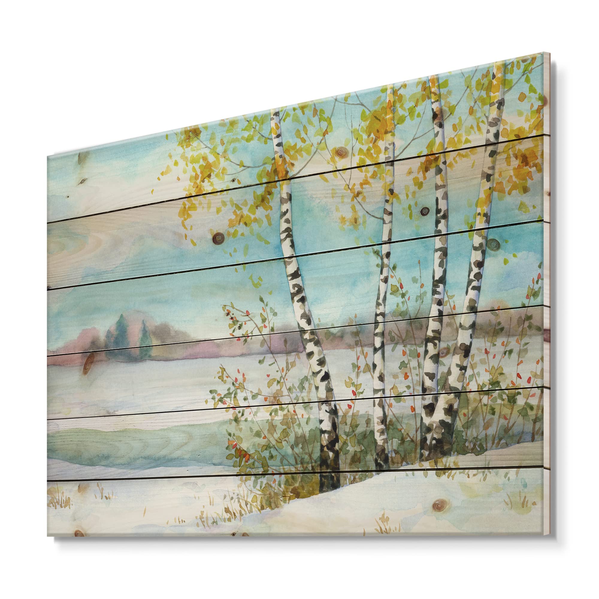 DesignQ Birches in Snowy Field Lake House Wood Wall Decor - Blue Wood Wall Art - Large Landscape Wood Panels Printed on Natural Pine - Perfect for Living Room, Bedroom & Cabin Decor