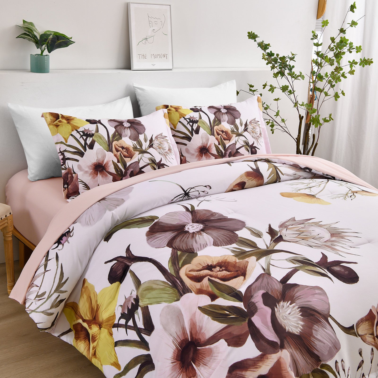 Blush Floral King Size Comforter Set - 3 Piece Soft Microfiber Bedding for All Seasons | Cozy Bedroom Decor, Guest Room Essentials & Luxury Home Textiles