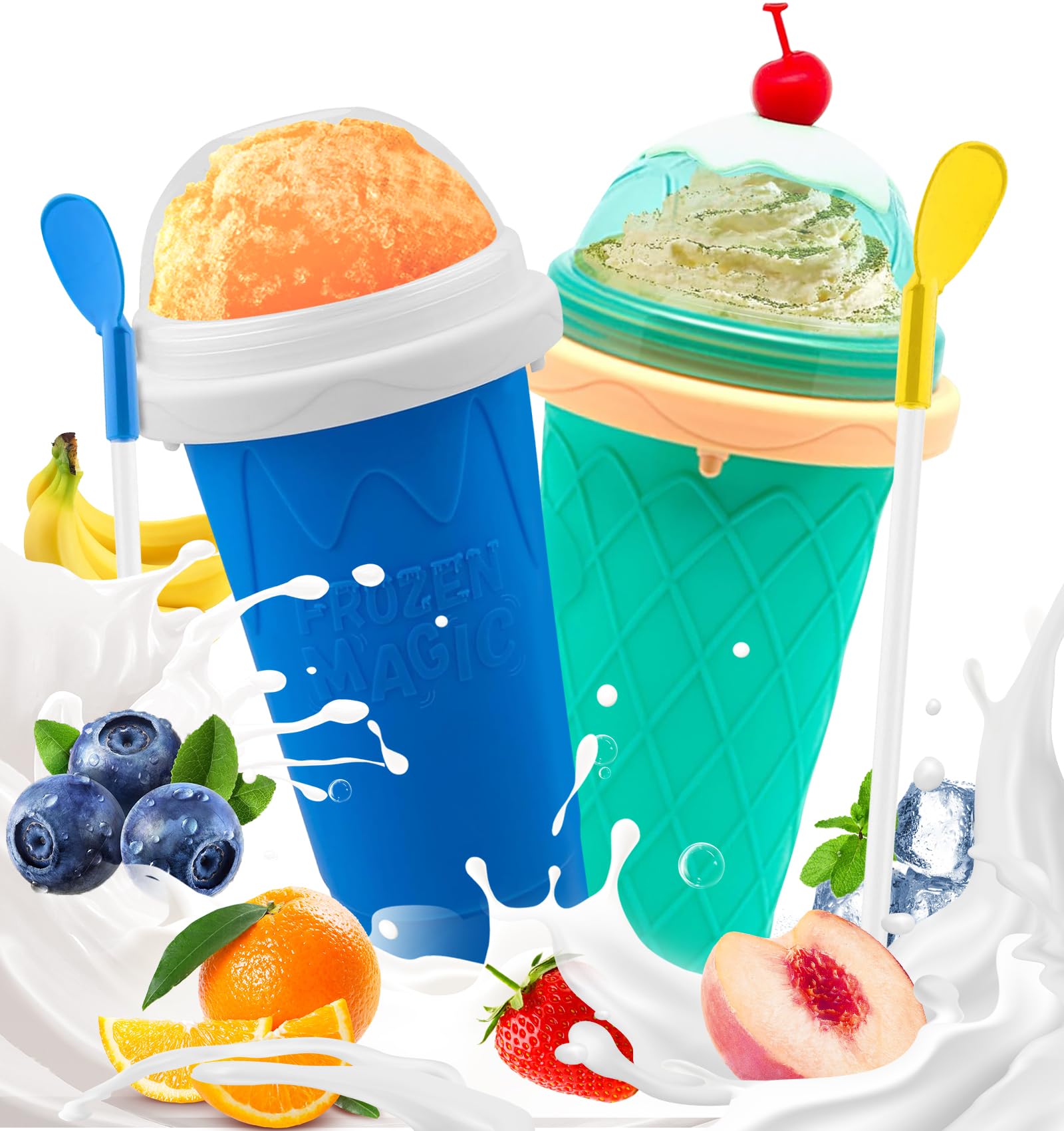 2 Pack Slushie Maker Cups - DIY Frozen Magic Squeeze Cups with Lid & Straw for Juice, Milk, Yogurt & Smoothies | Perfect for Kids, Parties & Summer Treats (Blue + Green)
