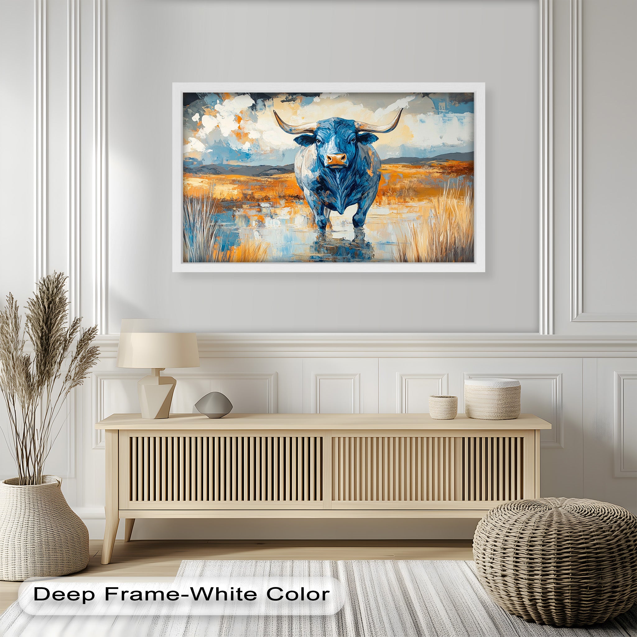 Blue Desert Bull - Hand Painted Animal Oil Canvas Artwork | Western Wildlife Decor for Living Room, Bedroom & Office