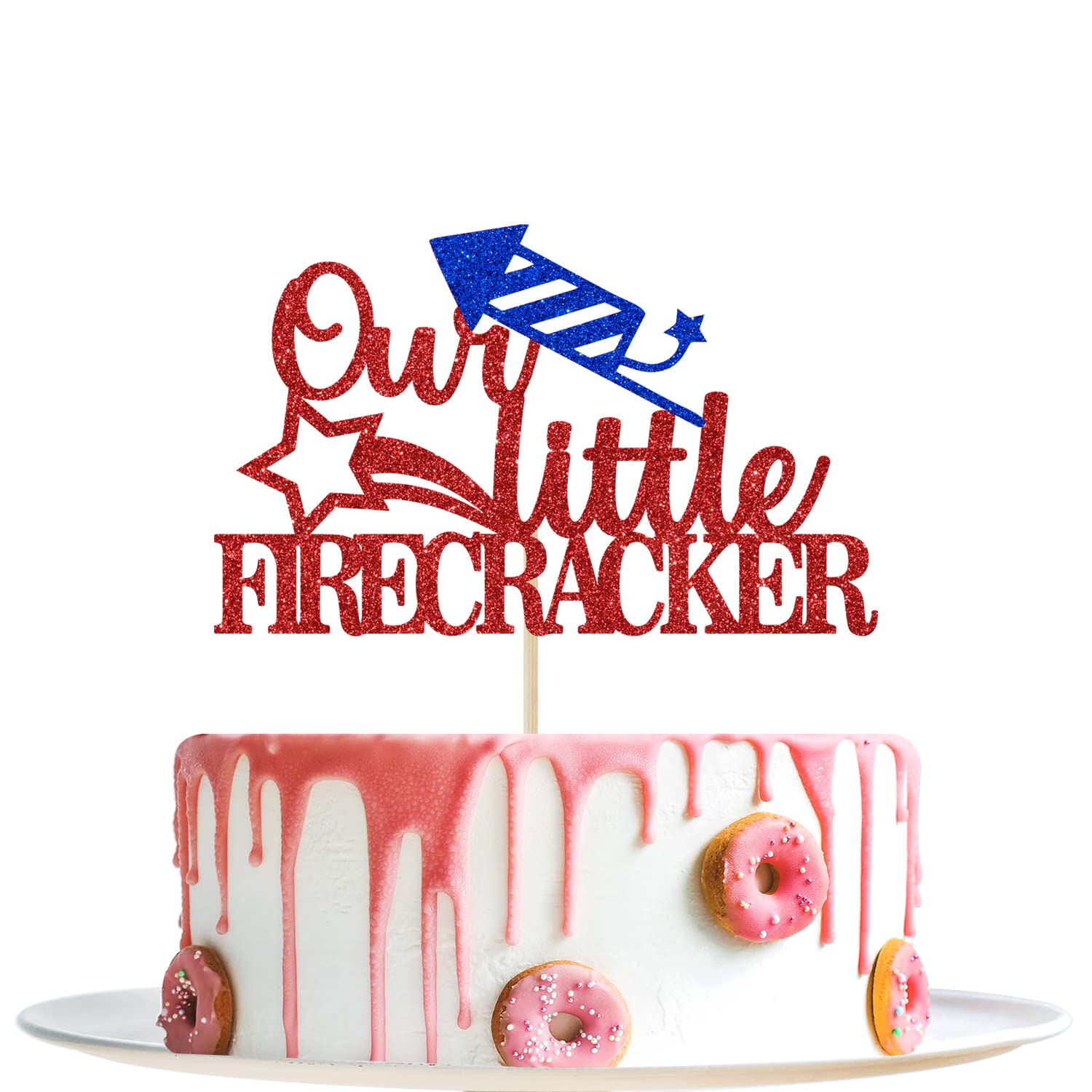Our Little Firecracker Cake Topper - 4th of July Patriotic Cake Decorations for 1st Birthday & Parties - Red and Blue Glitter - Perfect for Independence Day Celebrations, Baby Showers & Gender Reveals