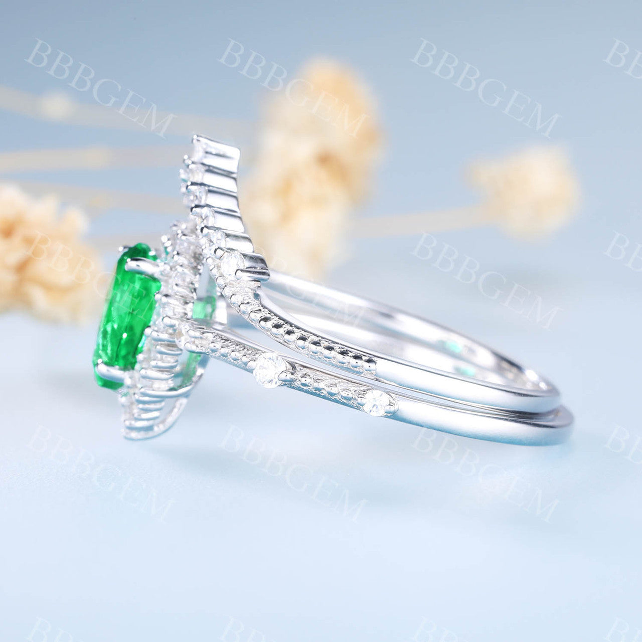 Pear Emerald Ring Set - Green Emerald Gemstone Anniversary Ring with Diamond Chevron Band - Perfect for Weddings, Engagements & Special Occasions