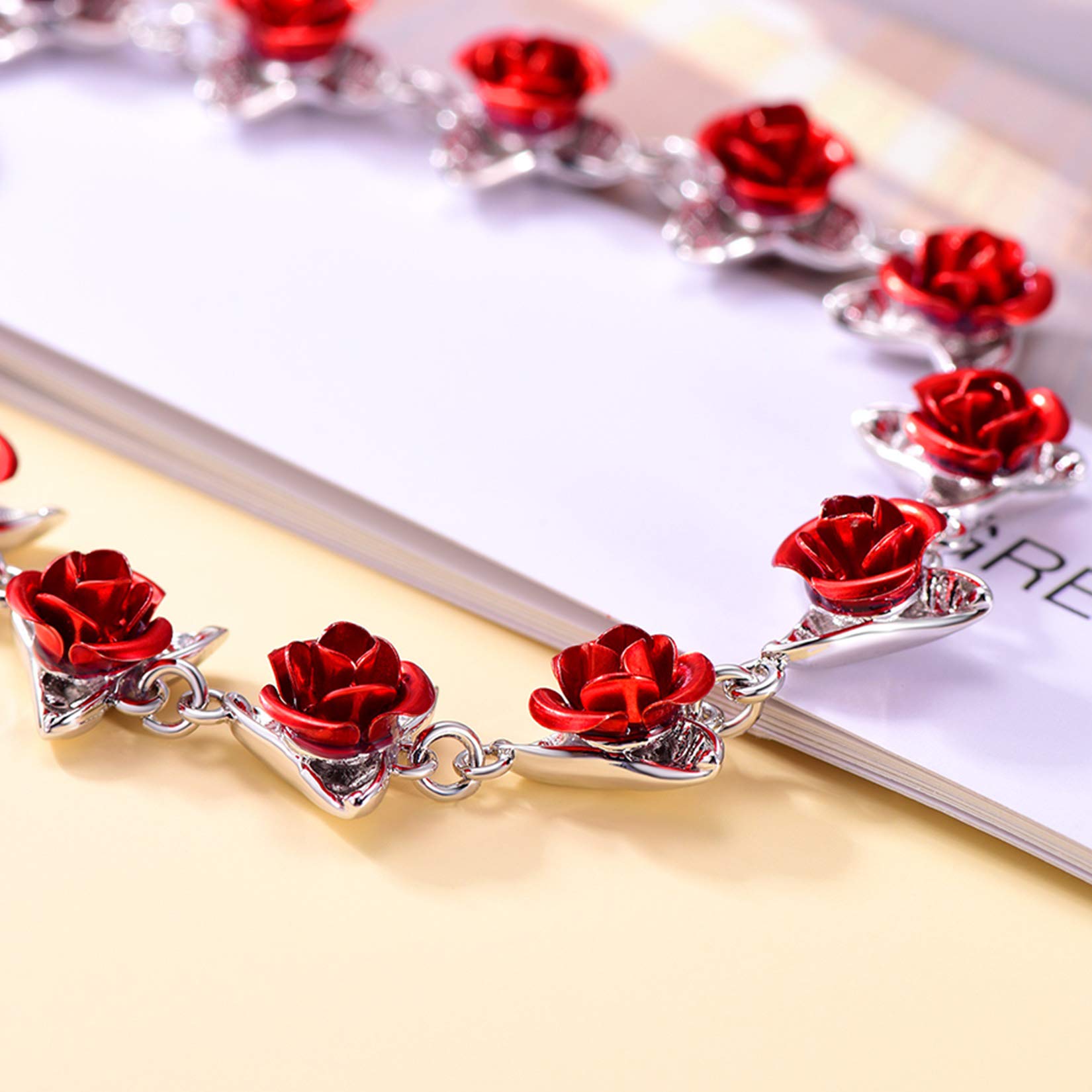 18K Gold Rose Link Bracelet for Women - Custom Engraved Name & Photo Jewelry Gift for Mom, Wife, Girlfriend - Romantic Birthday, Anniversary, Valentine's Day Present