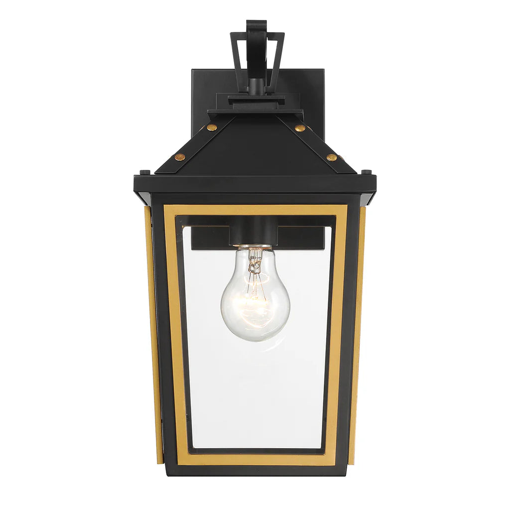 Hawkins Stainless Steel & Glass Outdoor Wall Sconce Light - 7.25x14 Inch Matte Black with Gold Finish - E26 LED Bulb Socket 120V - Weatherproof for Patio, Garden, Porch, Exterior Walls & Entryway Lighting