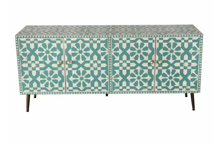 Handmade Bone Inlay Sideboard Buffet - Green & White Floral Design 4-Door Cabinet for Dining Room Storage & Home Decor