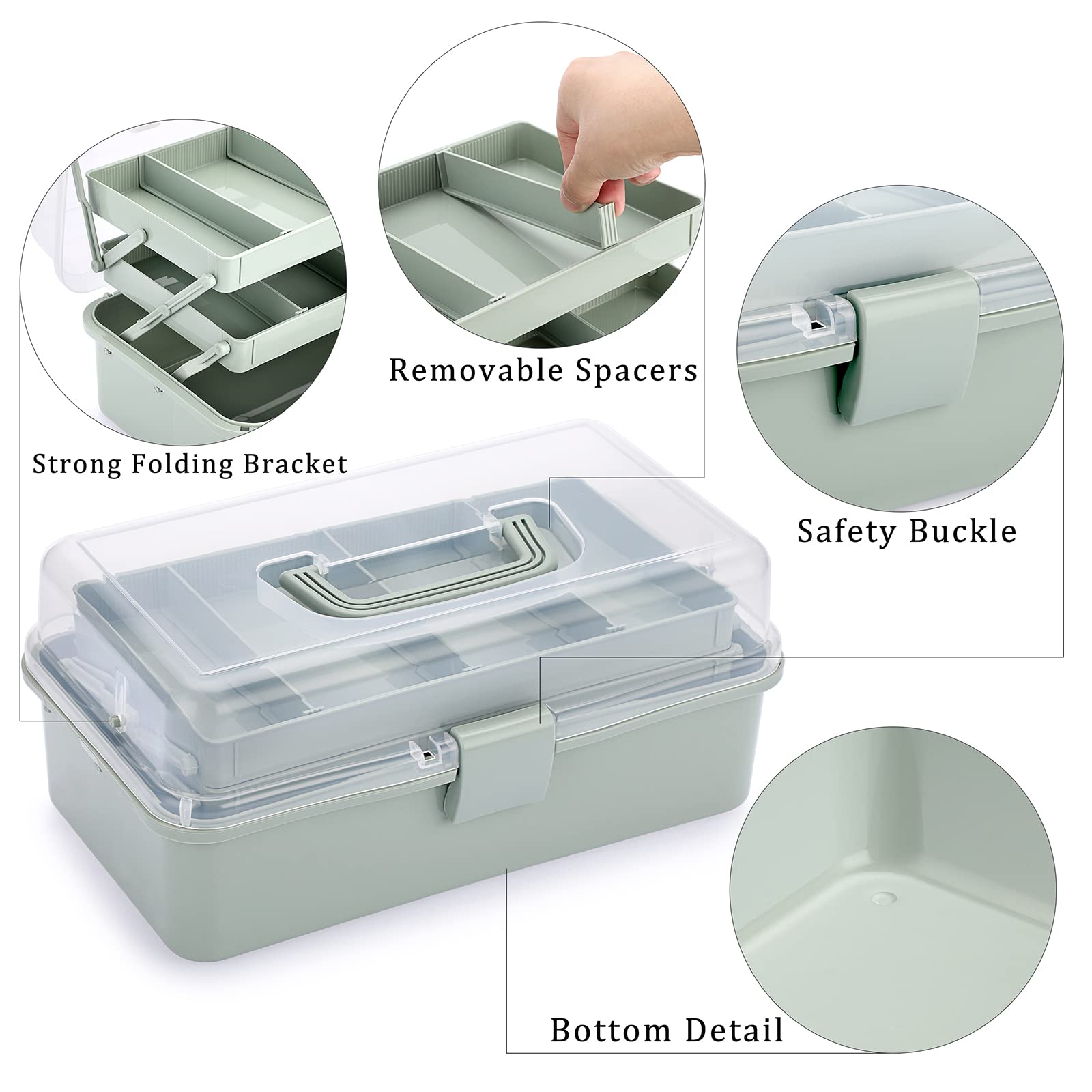 BTSKY 3-Layer Plastic Storage Box with Adjustable Dividers - Portable Craft Organizer for Art Supplies, Sewing Kits, Medicine & Home Organization - Perfect for Artists, Crafters & Home Use (Haze Green)