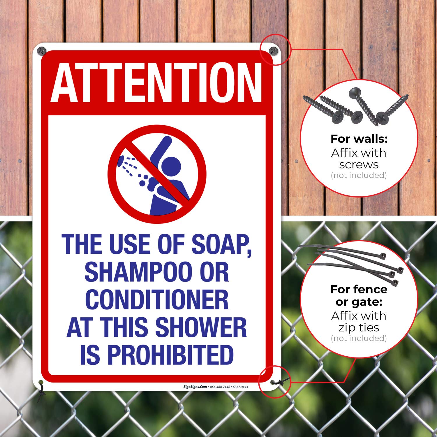 Waterproof Aluminum Shower Sign - 'Attention: No Soap, Shampoo or Conditioner' - 10x14 Inches Rust-Free Pool Sign for Indoor/Outdoor Use - Fade-Resistant Durable Sign Made in USA - Perfect for Swimming Pools, Gyms & Public Showers