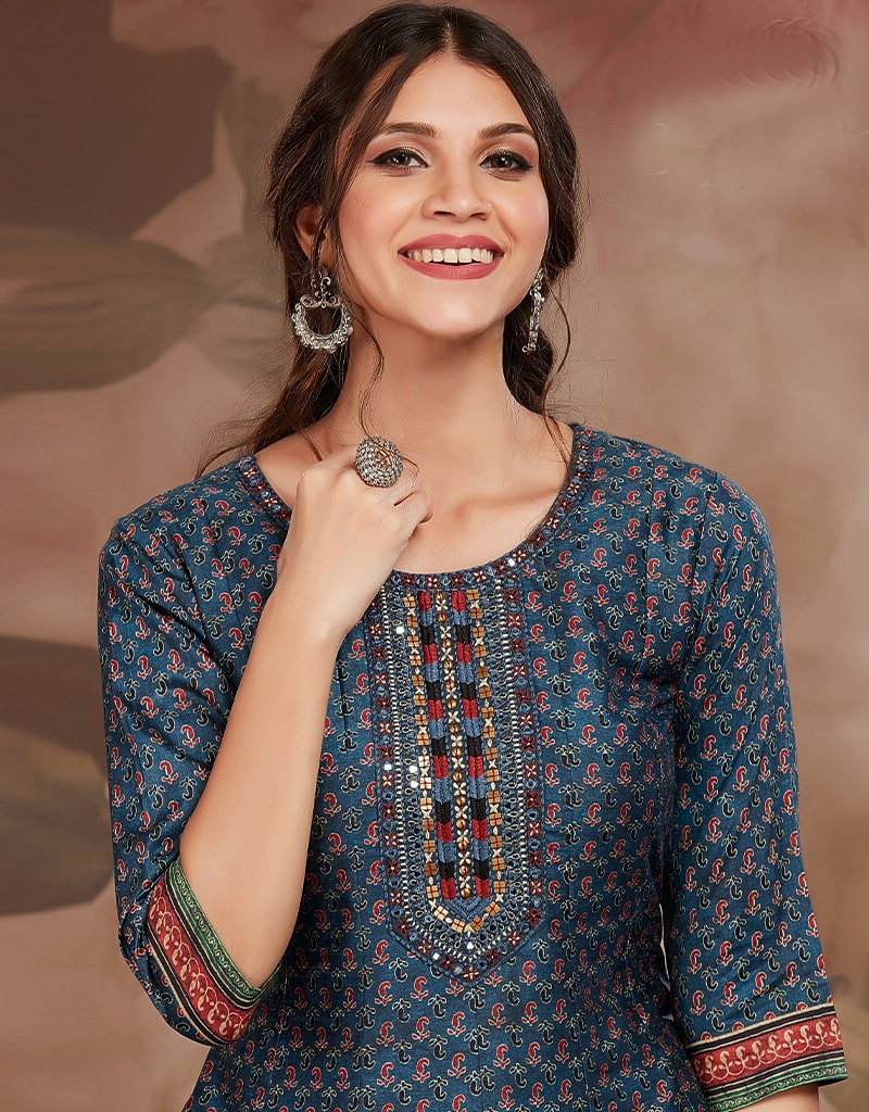 Elegant Blue Anarkali Kurti for Women - Traditional Indian Long Tunic Dress for Parties, Weddings & Festive Occasions