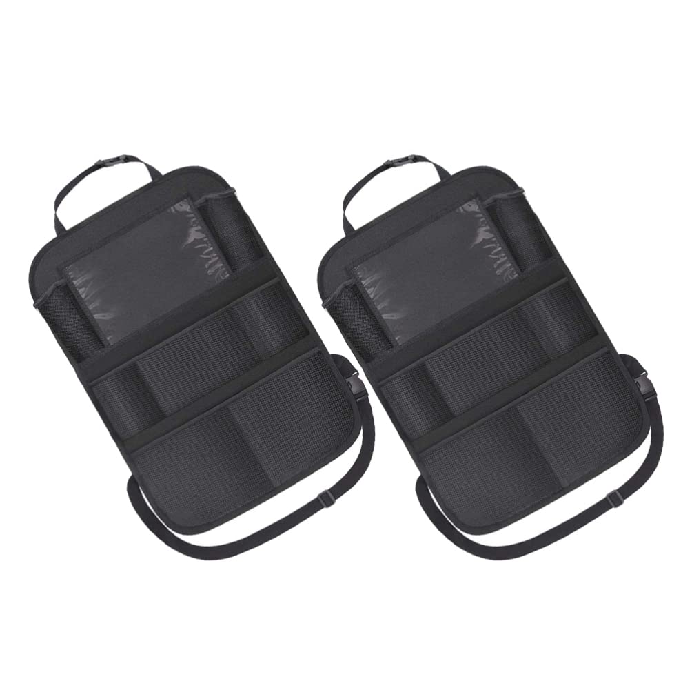 2-Pack PU Leather Car Backseat Organizer with Tablet Holder & Foldable Tray - Multi-Pocket Storage for Kids Toys, Snacks & Travel Essentials - Seat Back Protector & Kick Mat for Road Trips & Family Vacations