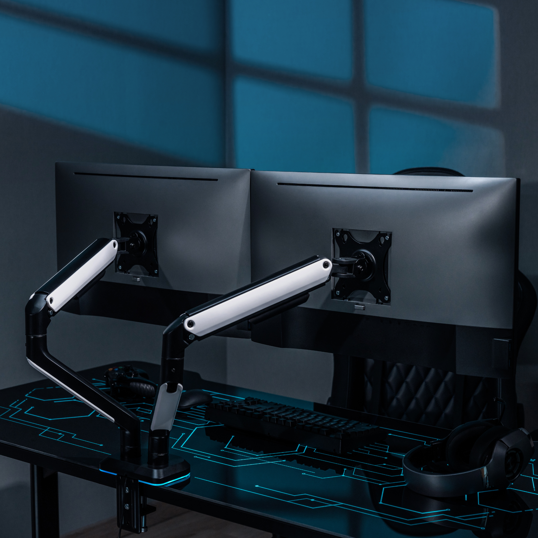 RGB Dual Monitor Mount Stand - Spring Assisted Adjustable Ergonomic Desk Clamp for Gaming & Office Setup | Perfect for Multi-Screen Workstations & PC Battlestations