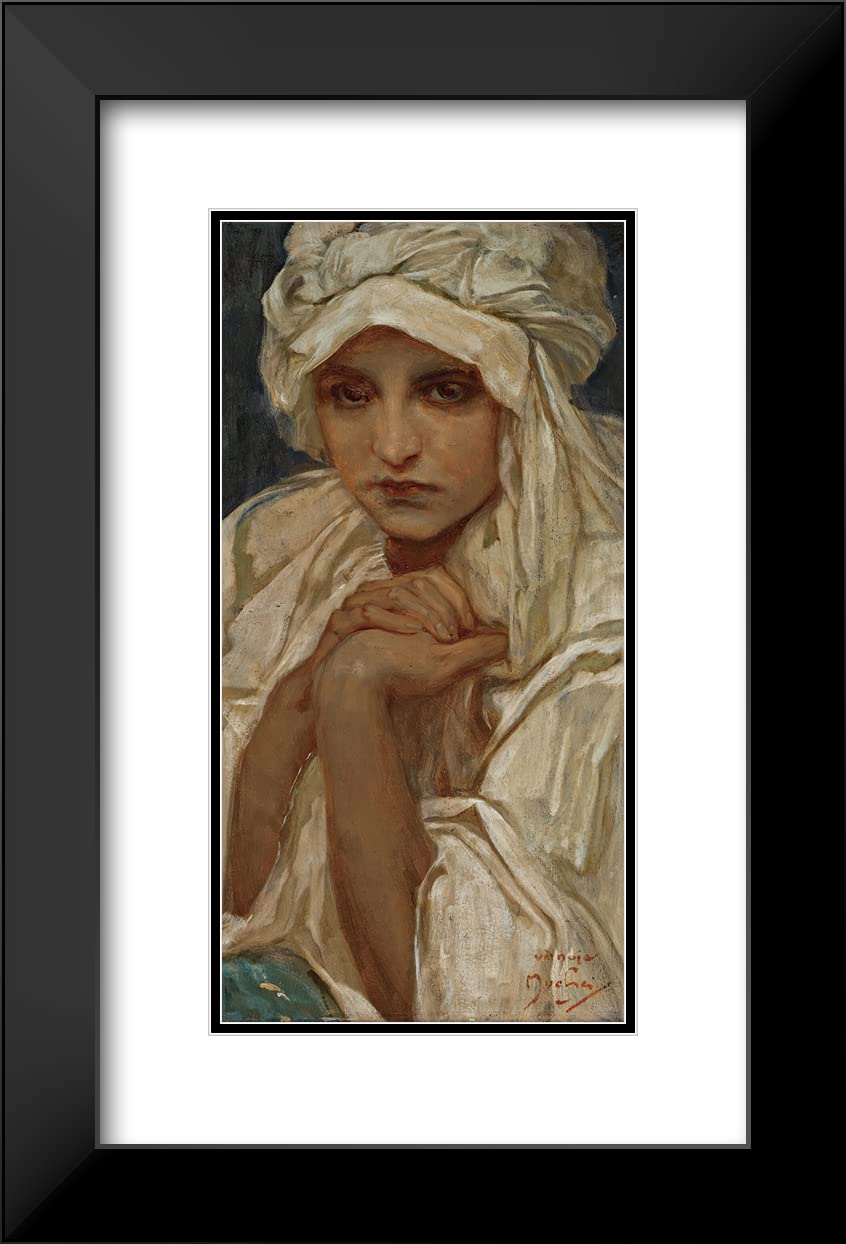 Alphonse Mucha Portrait of a Girl - 14x24 Black Modern Framed Museum Art Print with Double Matting | Wall Decor for Living Room, Bedroom & Office