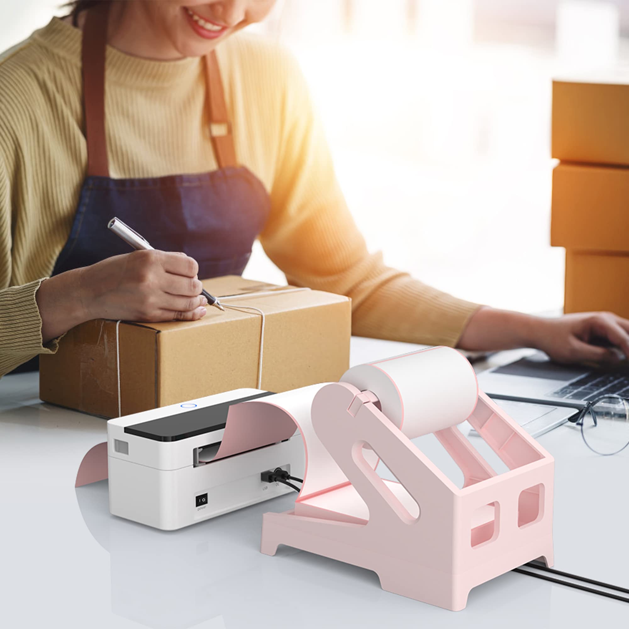 Thermal Label Holder for Shipping Labels - Compatible with Rolls & Fanfold Labels, Desktop Printer Stand, DIY Office & Home Organization Accessory (Pink) | Perfect for E-commerce, Warehouse & Small Business Labeling