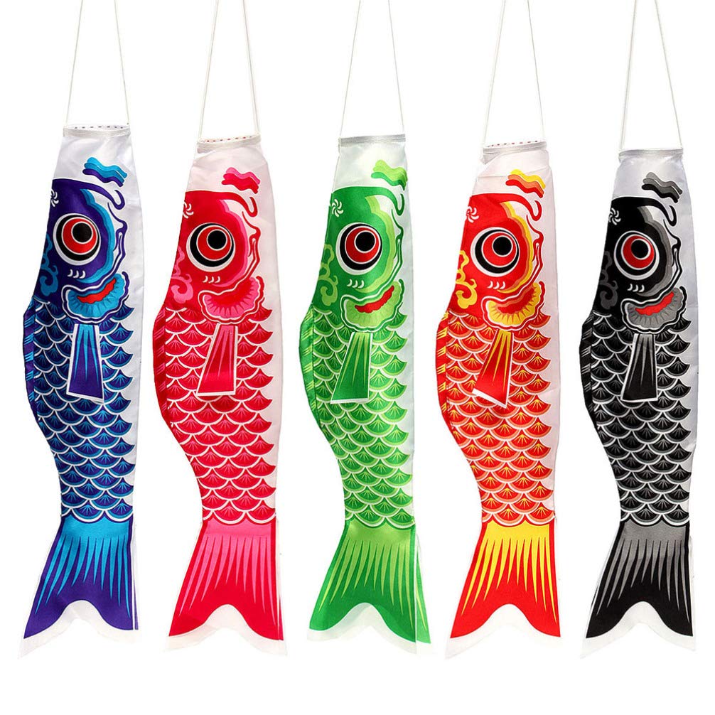 Japanese Carp Streamer Koinobori Flags - Set of 5 Hanging Fish Windsock Decorations for Outdoor Garden, Sushi Bar & Izakaya | Traditional Japanese Festival, Children's Day & Asian-Themed Party Decor