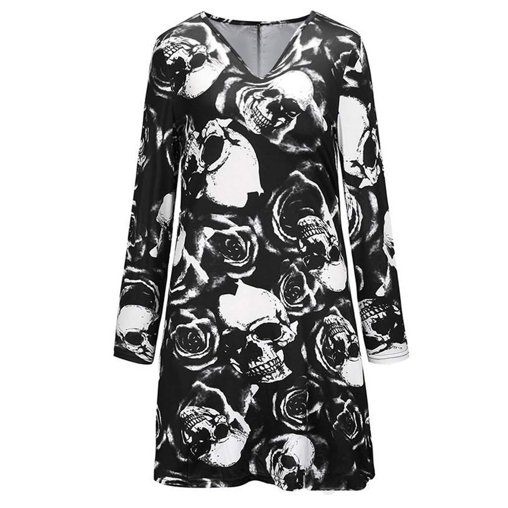TWIFER Women's Casual Summer & Halloween Long Sleeve V-Neck Printed Swing Midi Dress - Perfect for Parties, Date Nights & Seasonal Events