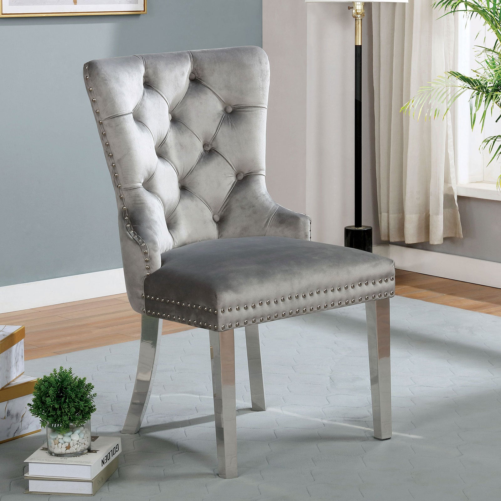 Contemporary Gray Flannelette 2-Piece Side Chairs Set - Button Tufted Upholstered Dining Chairs with Wingback Design | Perfect for Modern Dining Rooms, Kitchen Nooks & Small Spaces