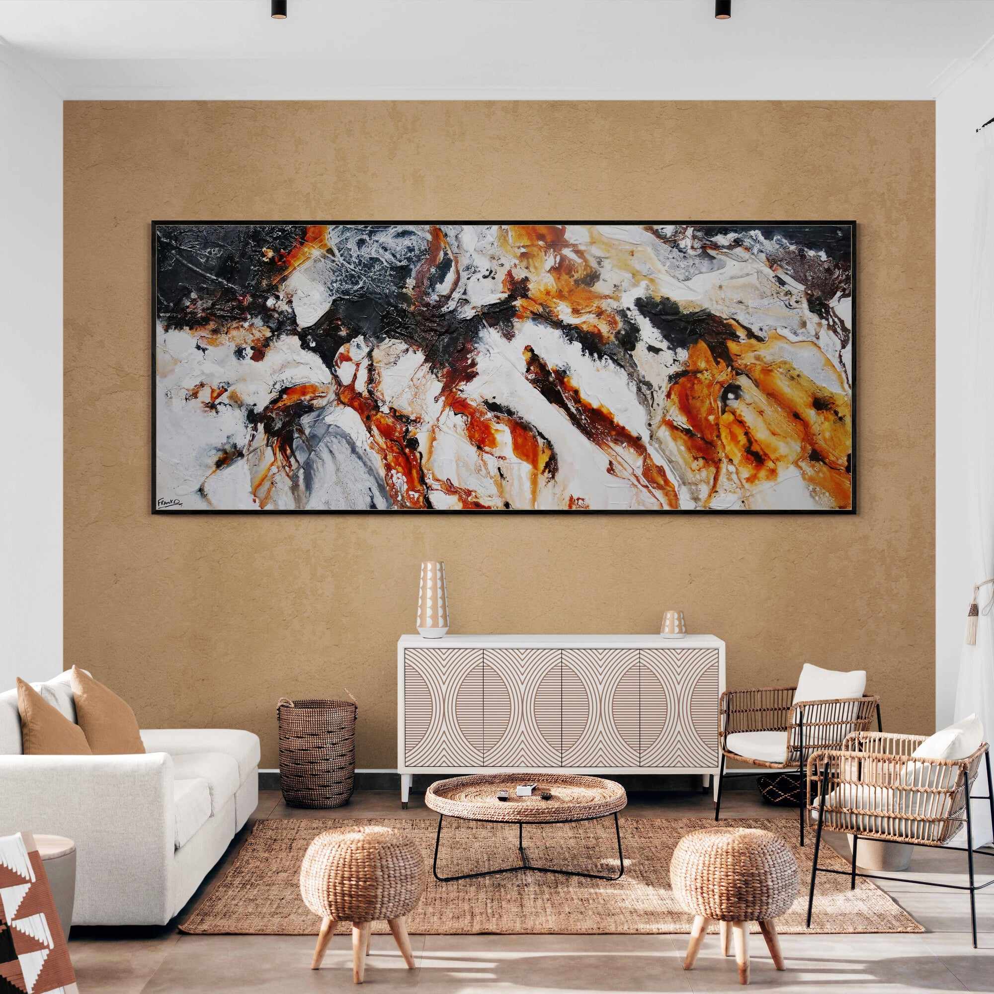 240cm x 100cm Brown White Textured Abstract Floating Canvas Art - Modern Wall Decor for Living Room, Bedroom & Office