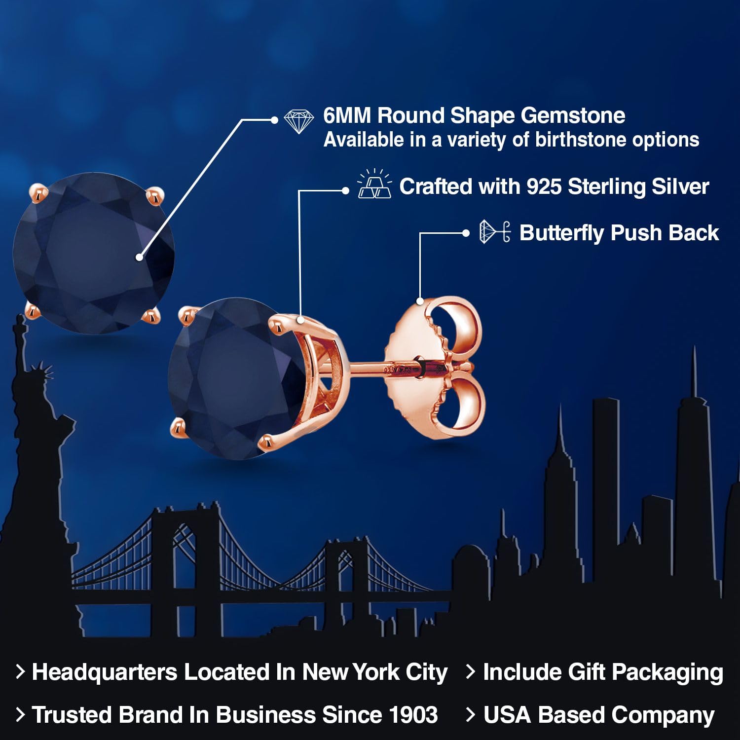 18K Rose Gold Plated Sterling Silver 6MM Round Birthstone Stud Earrings for Women & Men | Personalized Gift for Anniversary, Birthday & Mother's Day | Hypoallergenic & Comfortable Everyday Wear