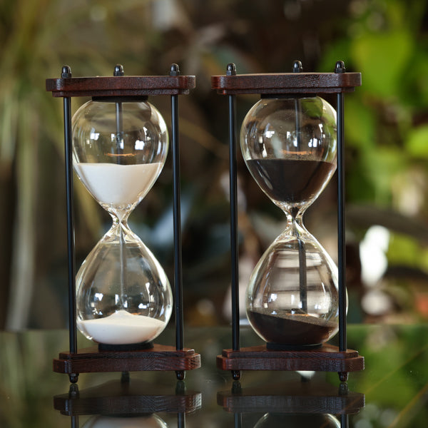 Premium Triangle Wood Hourglass with Black Spindles - White or Black Sand - Decorative Timekeeper for Home Office, Meditation & Gift Giving