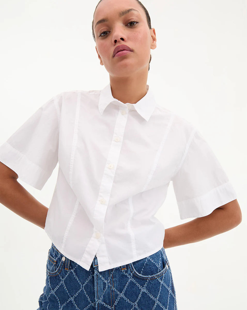 Claire Cropped Shirt for Women - Trendy White Short Sleeve Tops - Perfect for Summer Outfits, Beach Vacations & Casual Wear