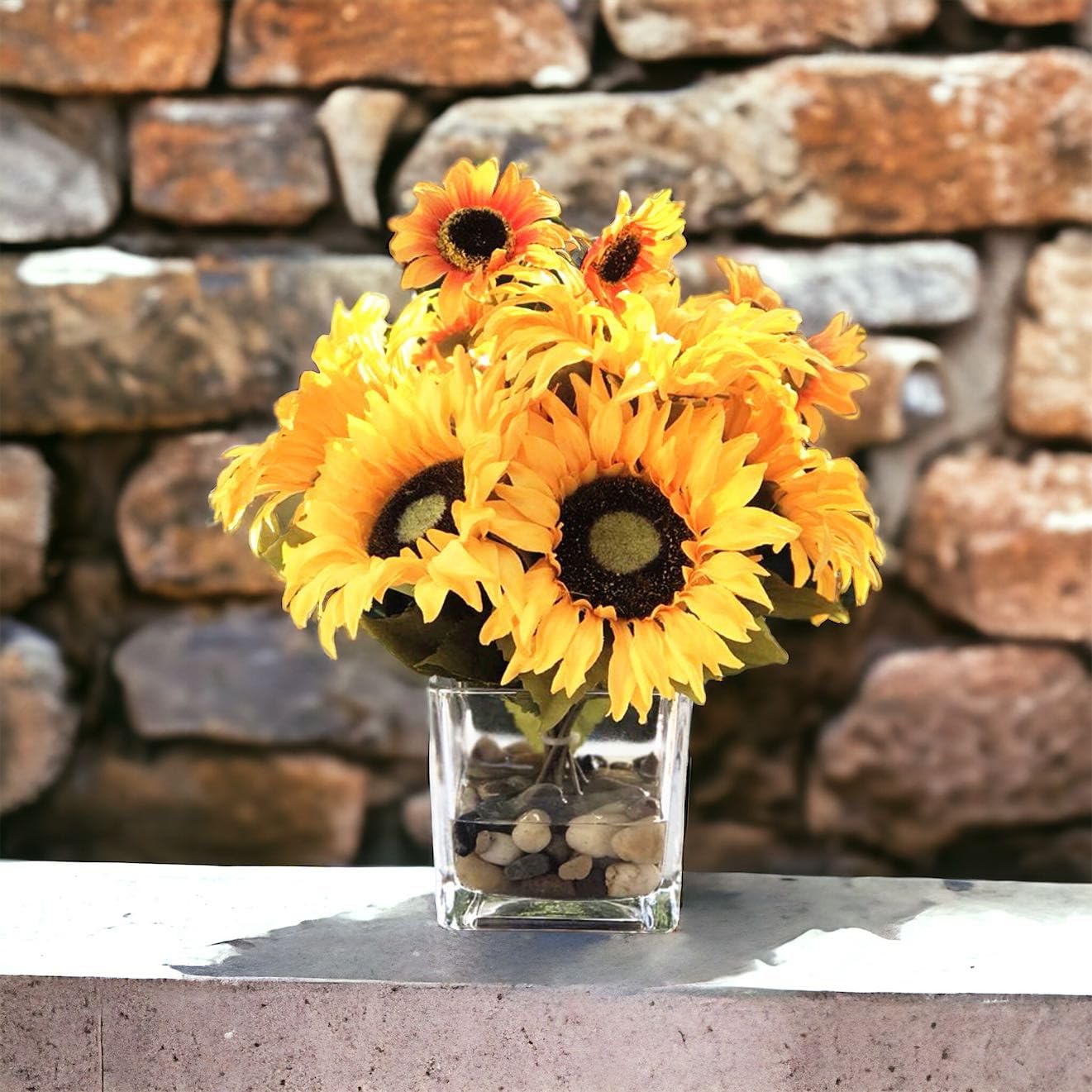 ENOVA HOME Mixed Sunflower Arrangement in Cube Glass Vase with River Rock & Faux Water - Yellow Orange Artificial Flowers for Home, Office, Wedding & Table Decor